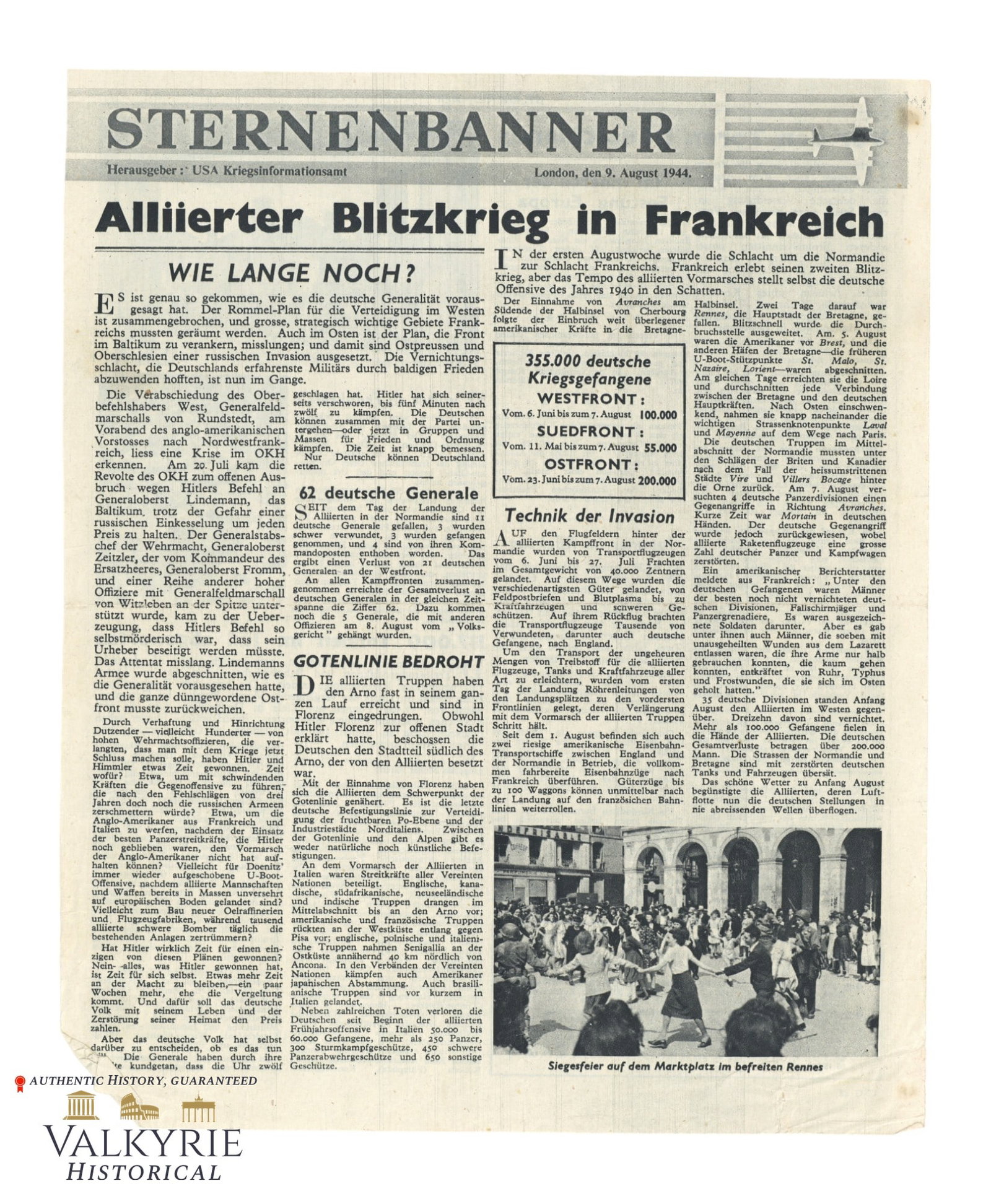 Allied Anti-German WW2 War Propaganda Sheet "Star Banner" - 1944: Allied Anti-German WW2 War Propaganda Sheet "Star Banner" - 1944. "Allied Blitzkrieg in France". All items for this auction will be shipping from Europe. Shipping cost $20 it doesn't matter how many i