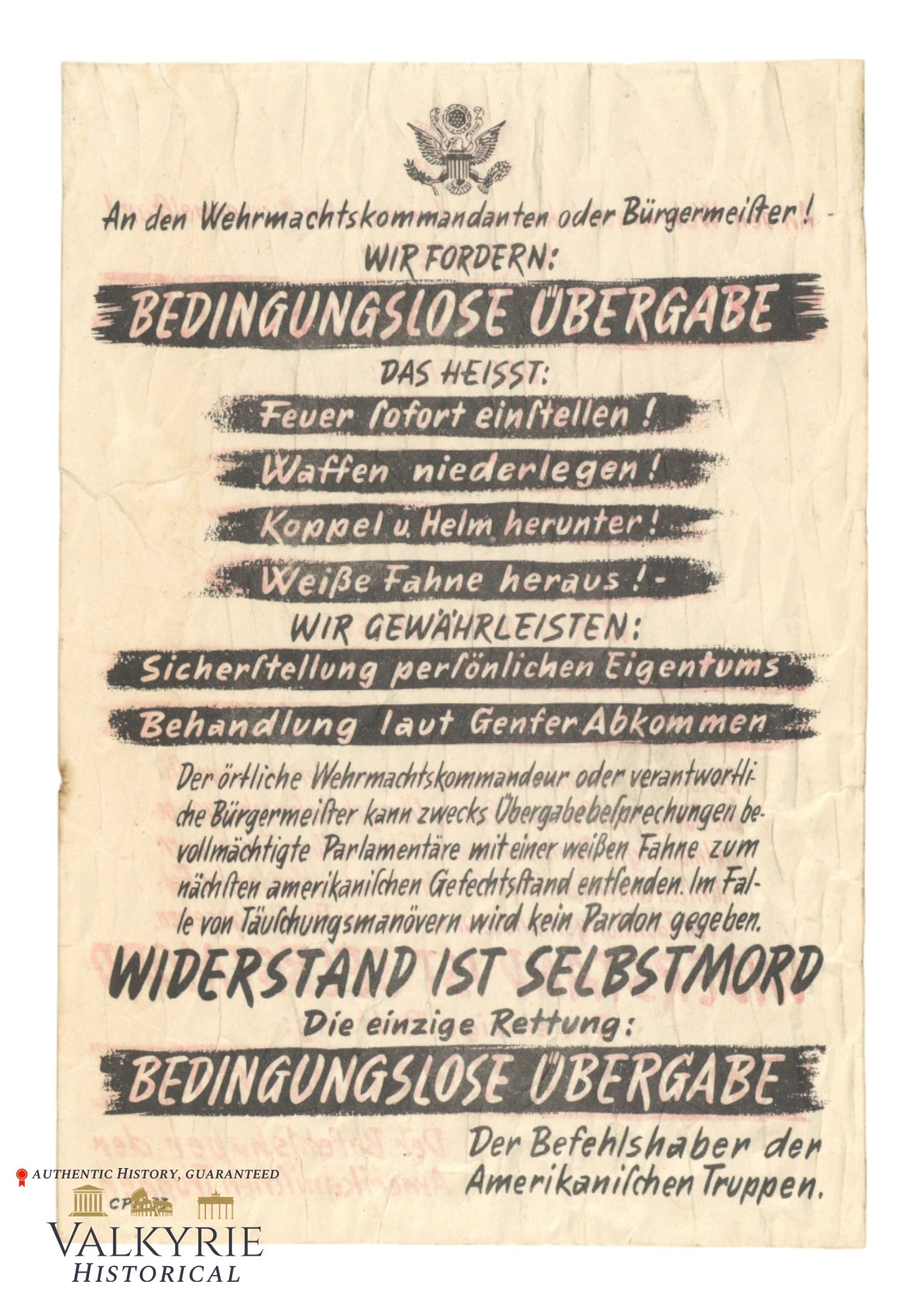 Allied Anti-German WW2 War Informative Leaflet "Resistance is Suicide.The Only Salvation: Surrender": Allied Anti-German WW2 War Informative Leaflet "Resistance is Suicide. The Only Salvation: Unconditional Surrender". For all Wehrmacht members and German city majors. All items for this auction will b