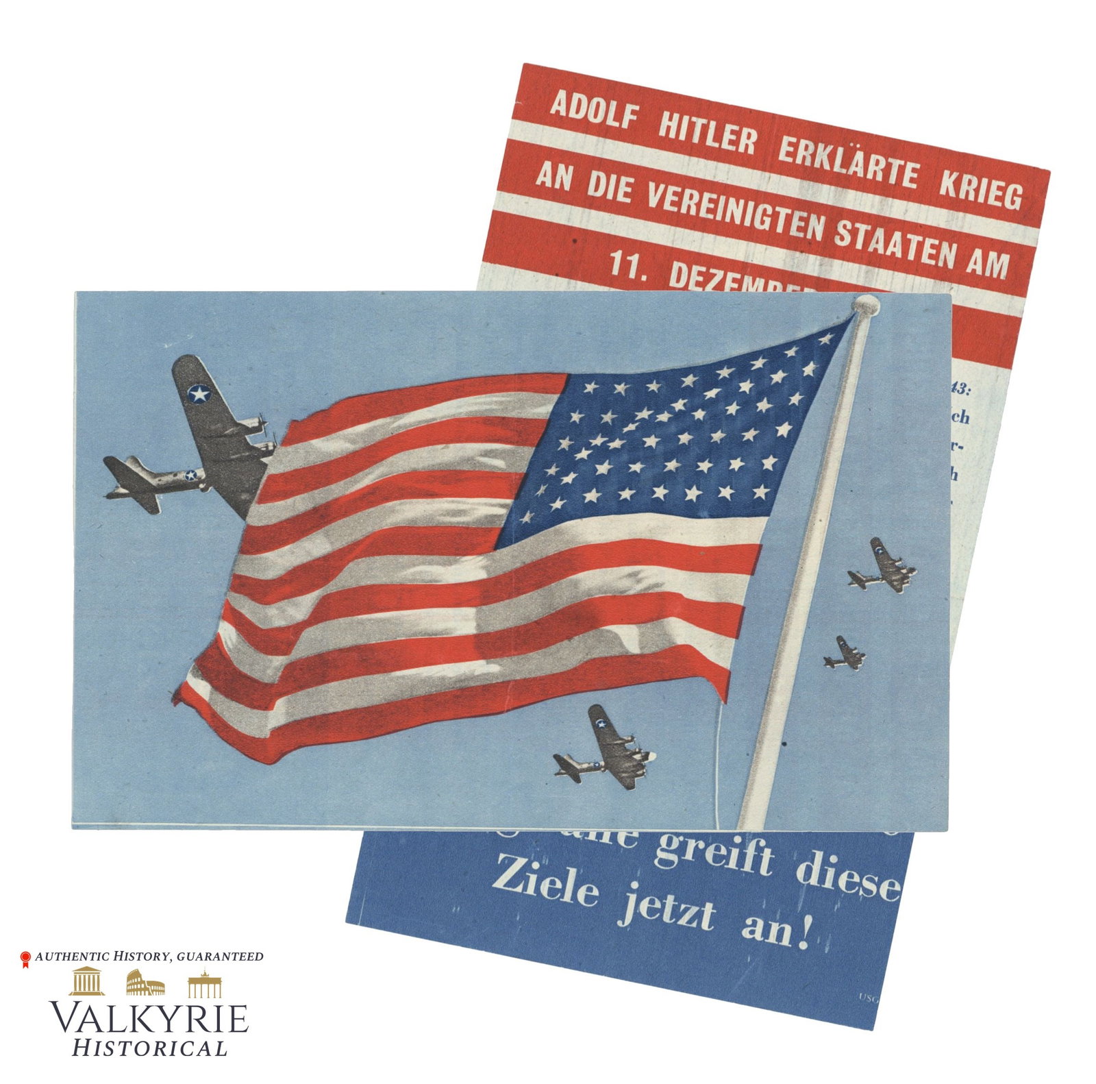 Pro-American War Propaganda Leaflet - The American Air Weapon: Pro-American War Propaganda Leaflet entitled "The American Air Weapon". With US President Roosevelt's speech of 7.1.43 to answer Adolf Hitler's speech of 1942. It deals with the power of American air 