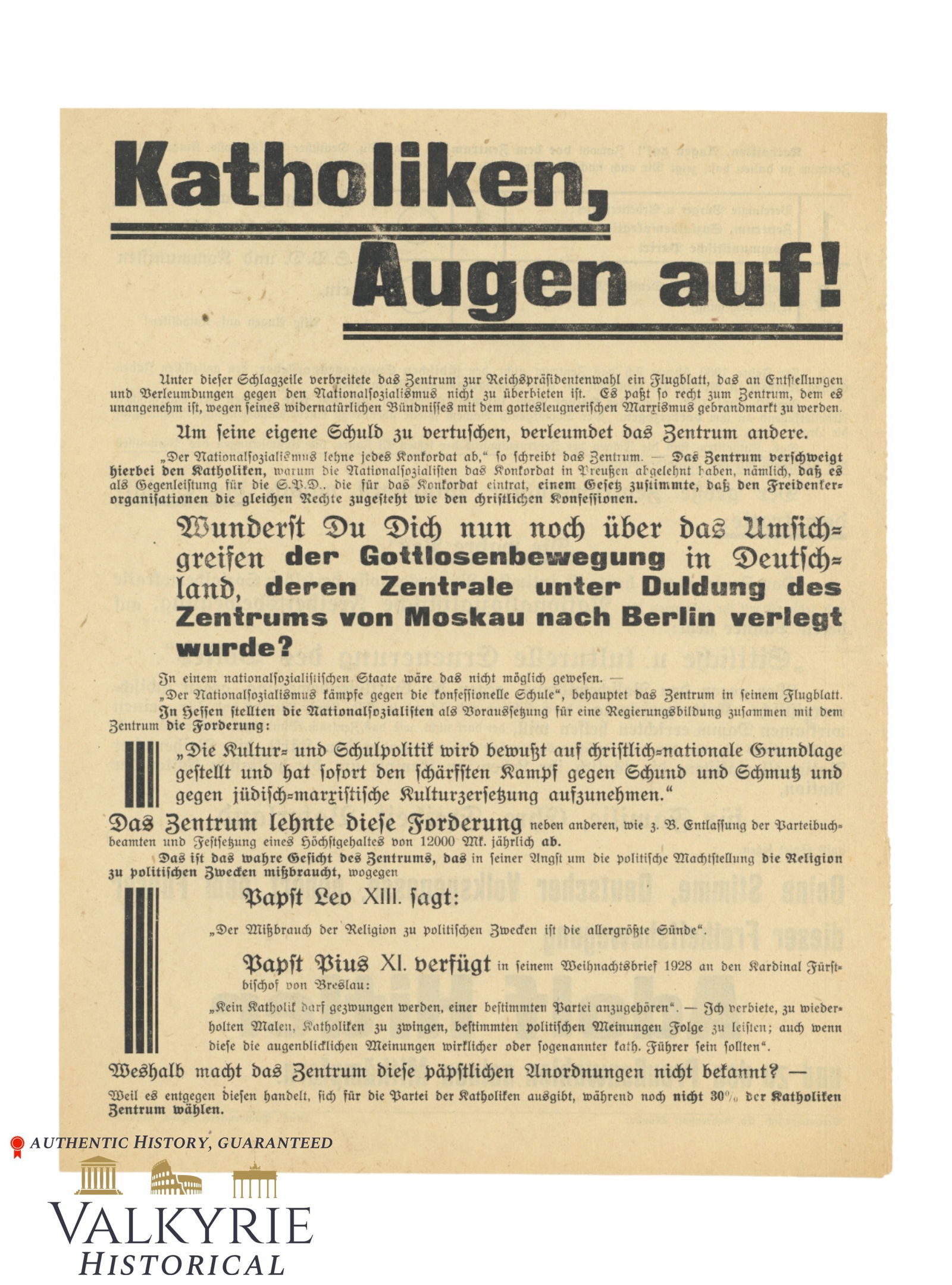 Nazi Elections Propaganda Leaflet Against Center Political Option - Catholics Must Vote Hitler: Nazi Elections Propaganda Leaflet Against Center Political Option, who are accused of being candidates with SPD and Communists. According to this leaflet , German Catholics Must Vote Adolf Hitler, the