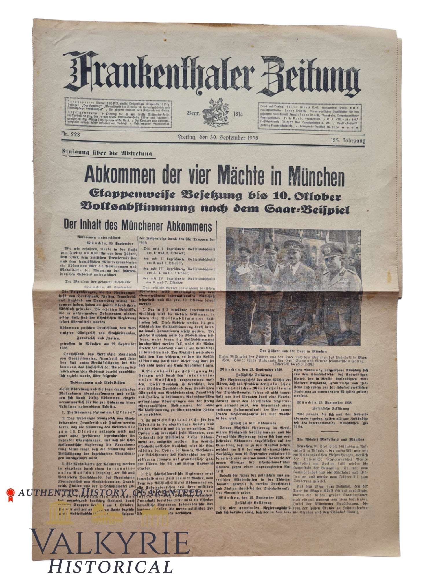 Number 228 of September 1938 of the newspaper "Frankenthaler Zeitung" about "Munich Agreement": Number 228 of September 1938 of the newspaper "Frankenthaler Zeitung". Entitled "Agreement of the four powers in Munich", related to the famous Munich Agreement of Germany, Italy, UK and France.. All 