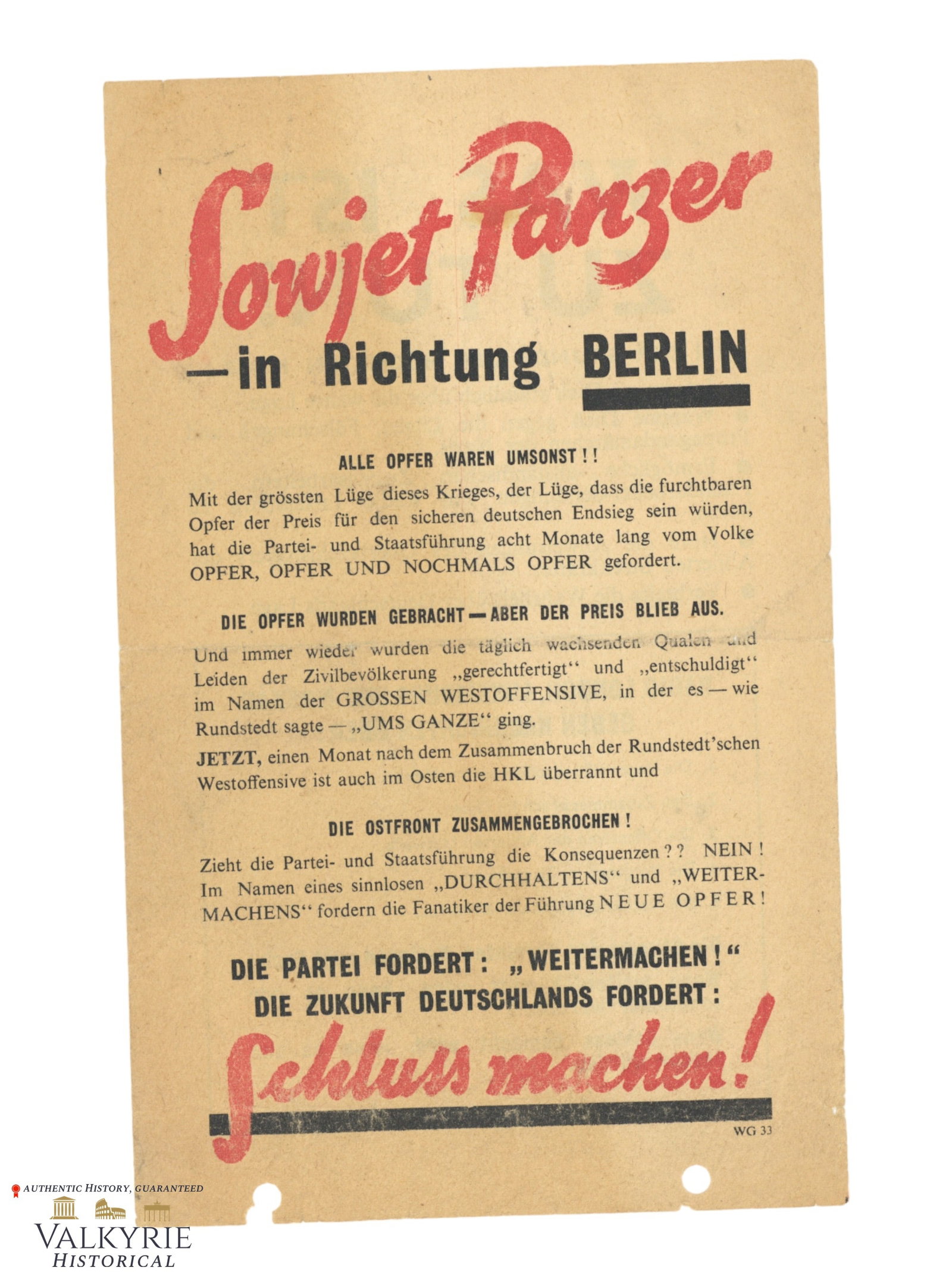 Russian War Propaganda Leaflet With Anti-German Message "Soviet Tank in Direction Berlin": Russian War Propaganda Leaflet With Anti-German Message: "Soviet Tank in Direction Berlin". "The Party demands: Continue! The future of Germany demands: Close up!".Size: 21x13cm. All items for this au