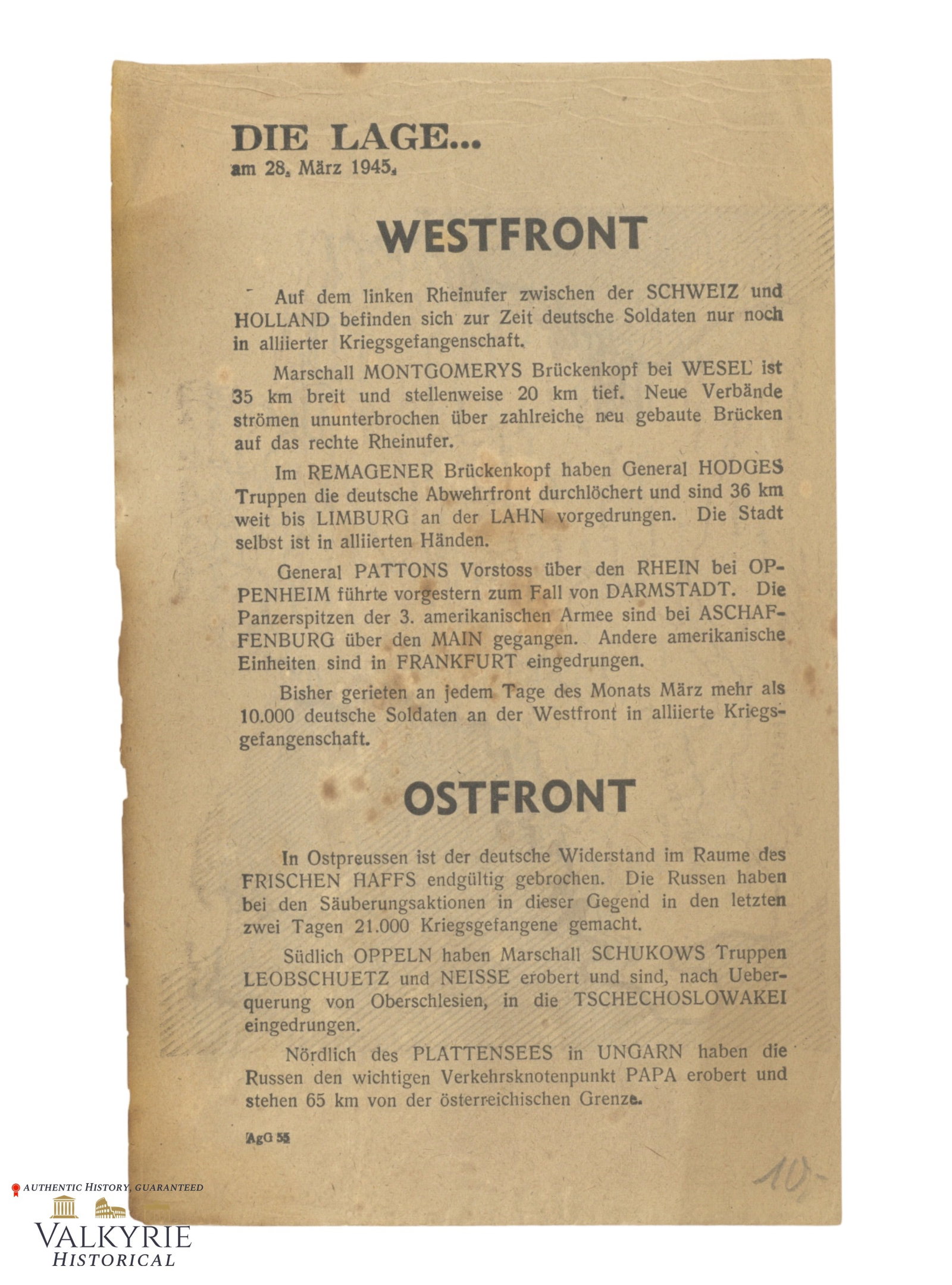 Information Leaflet Printed by the Allies to Inform the Germans About the Collapse in 1945: Information Leaflet Printed by the Allies to Inform the Germans About the Collapse in March 1945, close to the end of the war. With the situation in the East and the West and a map depicting the curre