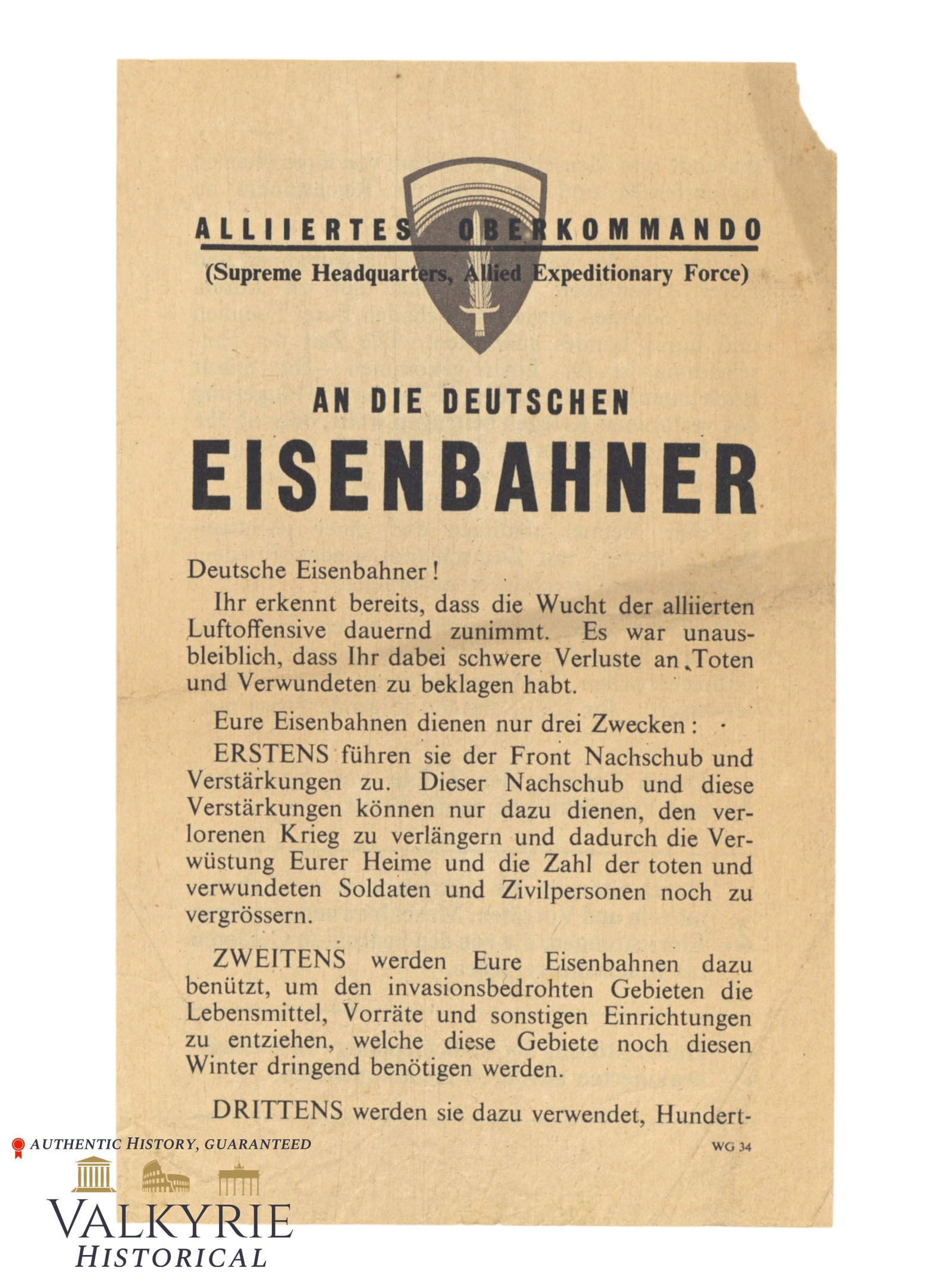 Informative War Leaflet From High Command of the Allied Forces For German Railway Workers: Informative War Leaflet From High Command of the Allied Forces For German Railway Workers telling them that their help could be very important to end the war and help allied forces in different tasks.