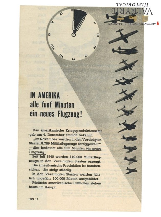 Allied Anti-German War Propaganda Leaflet "In America Every 5 Minutes a New Aircraft!": Allied Anti-German War Propaganda Leaflet entitled "In America Every 5 Minutes a New Aircraft!". It compares the war industrial power of America building new planes and the decreasing capacity of Germ