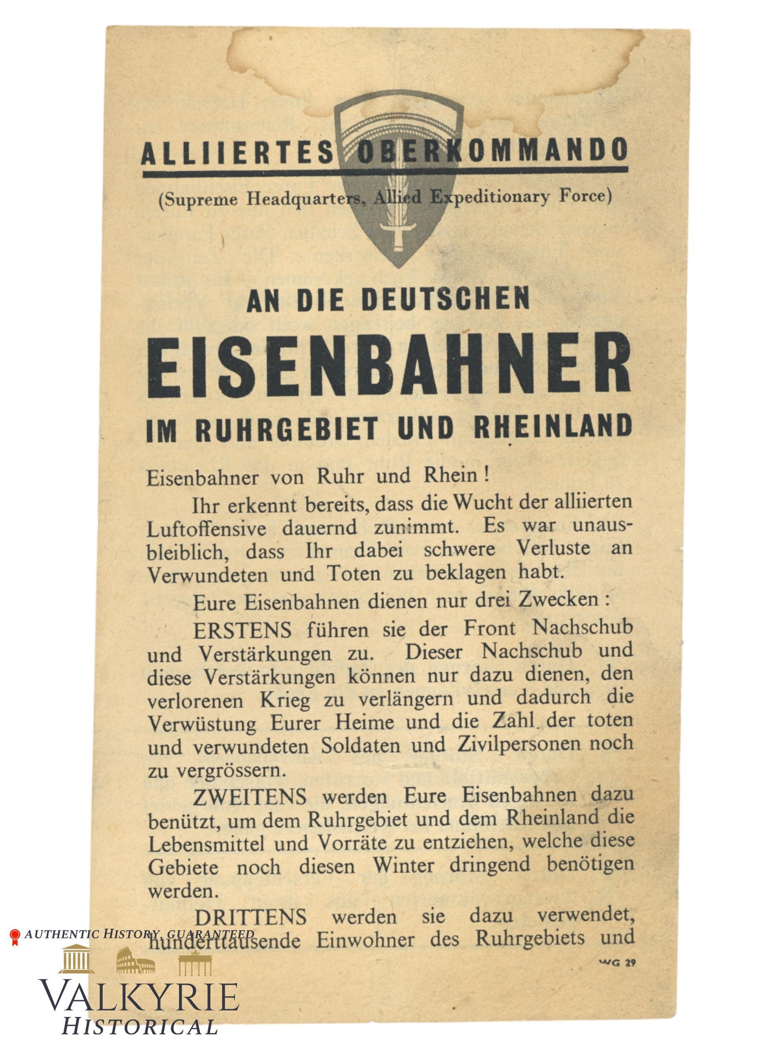 Informative War Leaflet From High Command of the Allied Forces For German Railway Workers: Informative War Leaflet From High Command of the Allied Forces For German Railway Workers telling them that their help could be very important to end the war and help allied forces in different tasks.