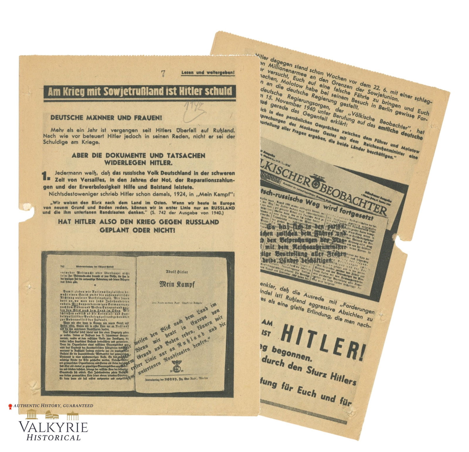Russian War Propaganda Leaflet Against Hitler "Hitler is Guilty for the War Against Soviet Union": Russian War Propaganda Leaflet Against Hitler entitled "Hitler is Guilty for the War Against Soviet Union". It accuses Hitler of beginning the war against Russia. "Has Hitler then planned the war agai