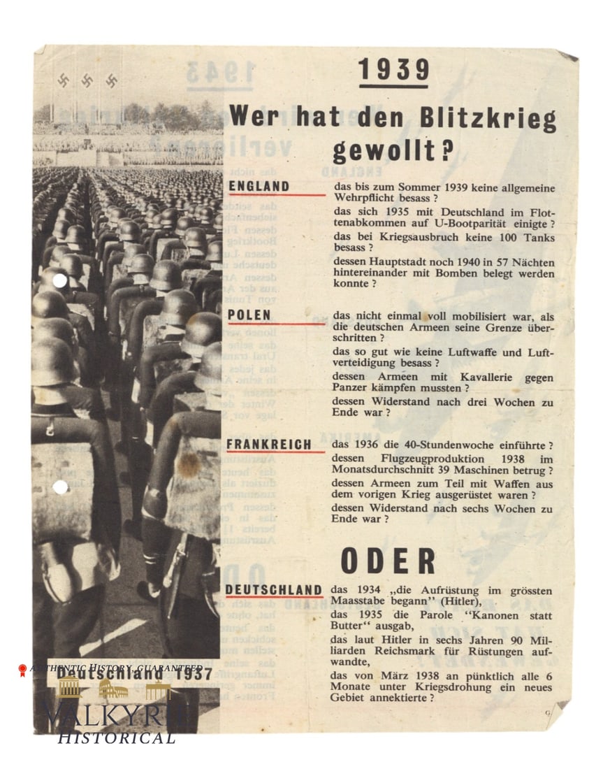 Allied War Propaganda Leaflet Against Germany "1939 Who Wanted the Blitzkrieg?": Allied War Propaganda Leaflet Against Germany "1939 Who Wanted the Blitzkrieg?". On the reverse "1943 Who will lose the world war?".Size: 21x27cm. All items for this auction will be shipping from Euro