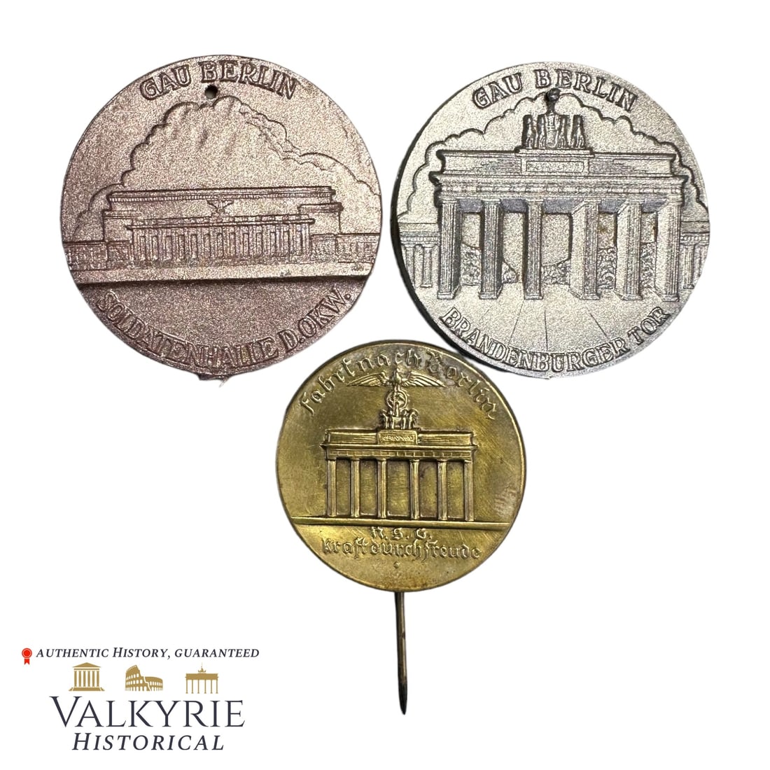 Nazi 2 Badges With Important Places in Berlin and Lapel Pin of the KdF Trip To Berlin: 2 Badges made from plastic With Important Places in Berlin (Gate of Brandenburg and OKW Soldier's Hall) and Lapel Pin made of metal of the KdF (Strength through Joy) Trip To Berlin. All items for this