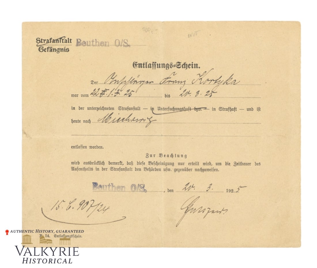 Release Certificate Issued in Beuthen to a Prisoner From the Prison of the City in 1925: Release Certificate Issued in Beuthen to a Prisoner From the Prison of the City in 1925.All items for this auction will be shipping from Europe. Shipping cost $20 it doesn't matter how many items you 
