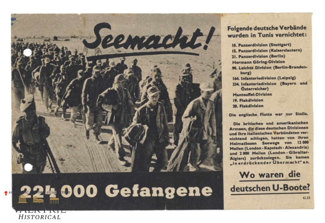 Allied War Propaganda Leaflet Against Nazi Germany "Sea Power! 224.000 Prisoners": Allied War Propaganda Leaflet Against Nazi Germany "Sea Power! 224.000 Prisoners. Where were the U-Boots?". It mocks the supposed German supremacy in the seas. Size: 21x13cm. All items for this auctio
