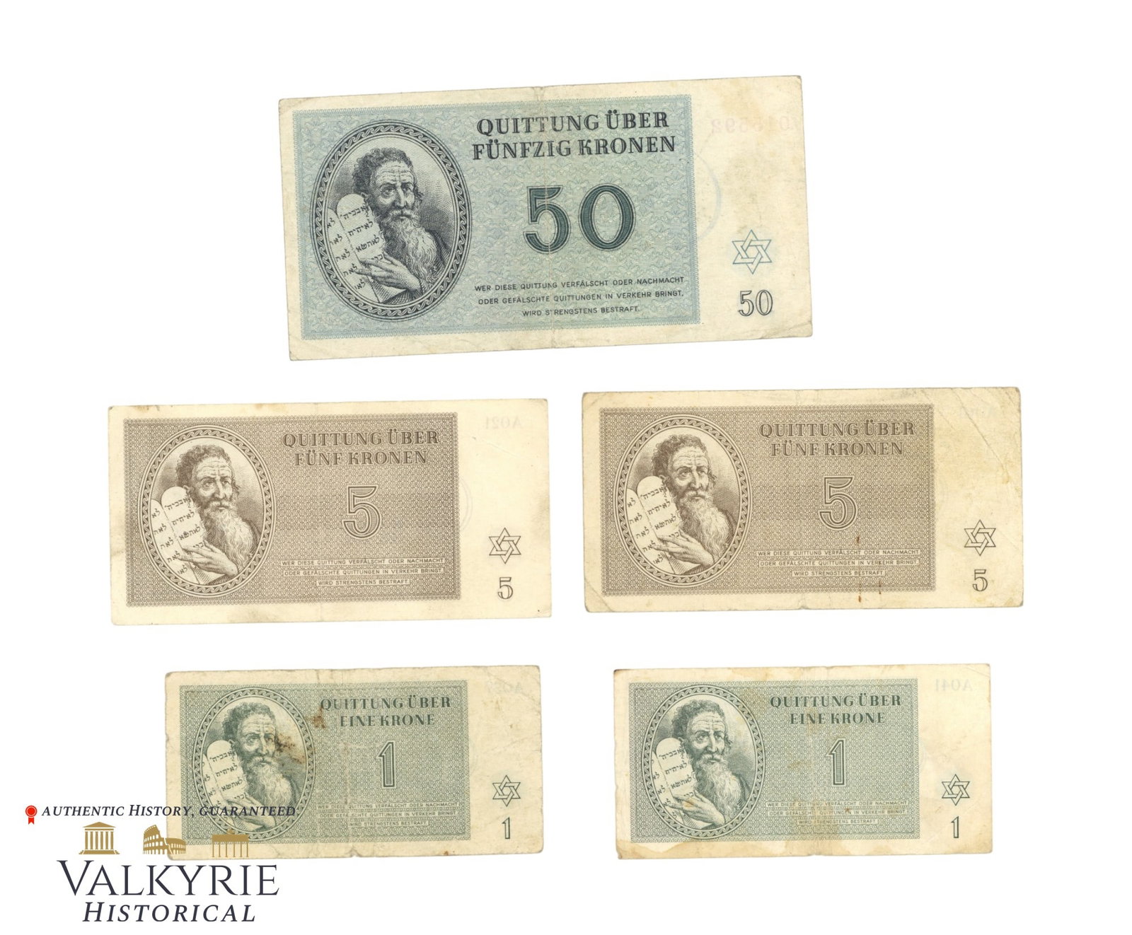 Set of 5 Banknotes Used in the Jewish Ghetto of Theresienstadt - 1, 5 and 50 Kronen: Set of 5 Banknotes Used in the Jewish Ghetto of Theresienstadt - 2 x 1, 2 x 5 and 1 x 50 Kronen. Money spacially created by Germans to be used by the Jews inside the ghetto. All items for this auction