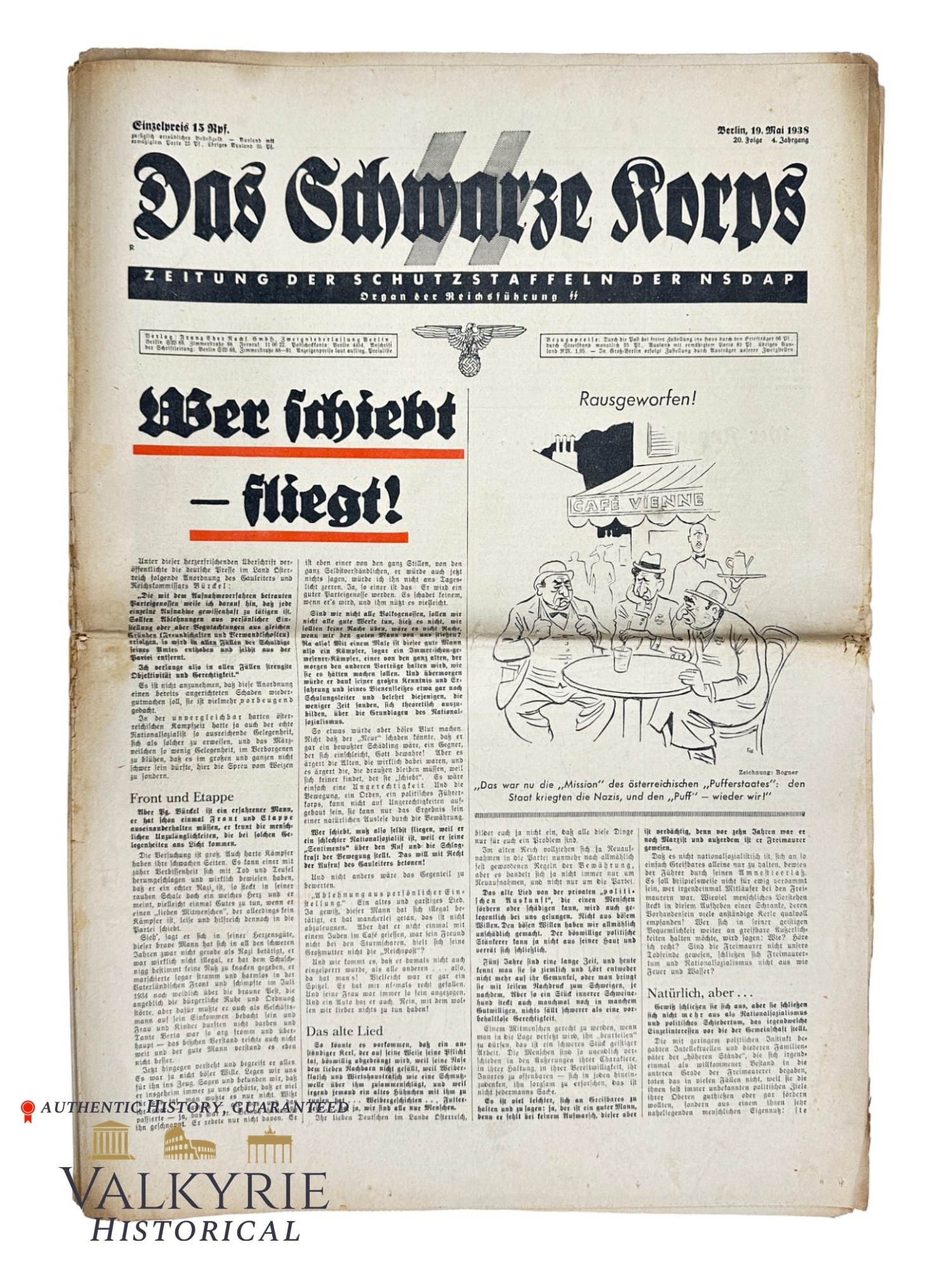 Number of the Official Organ of the SS "Das Schwarze Korps SS - Tabloid of the SS of NSDAP" 1938: Number of the Official Organ of the SS "Das Schwarze Korps SS - Tabloid of the SS of NSDAP" 1938. Number 20. All items for this auction will be shipping from Europe. Shipping cost $20 it doesn't matte