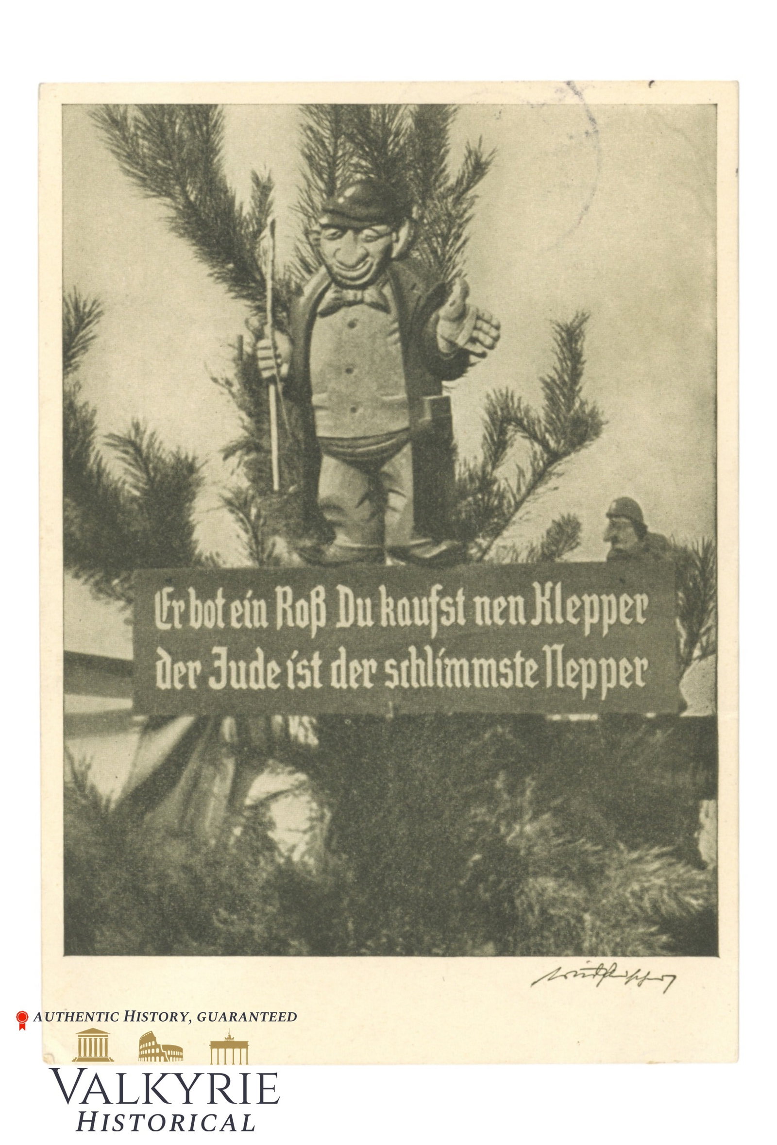 German Anti-Semitic Postcard "He Offered Horse You Buy a Crock The Jew is the Worst Swinlder" 1938: German Anti-Semitic Postcard "He Offered Horse You Buy a Crock The Jew is the Worst Swinlder" 1938. With commemorative ink stamp on the reverse and circulated. All items for this auction will be shipp