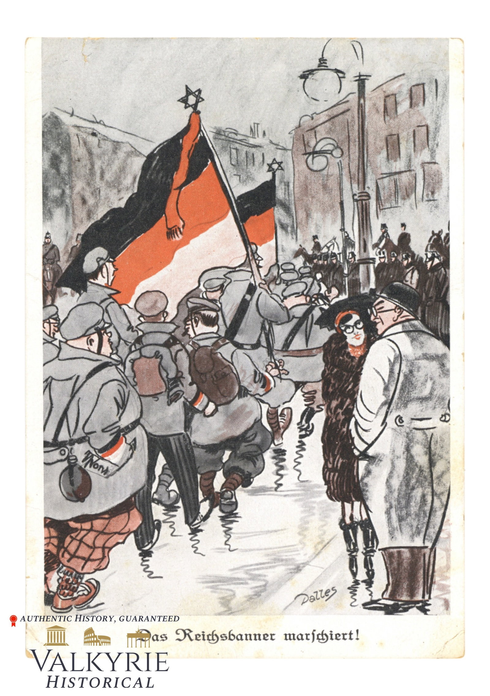 Weimar Republic Period Anti-Semitic Postcard "The Banner of the Reich Marches!" 1932: Weimar Republic Period Anti-Semitic Postcard "The Banner of the Reich Marches!" 1932. It shows some Jews marchin on the streets with German flag where flag pole is the Star of David. As if army was fu