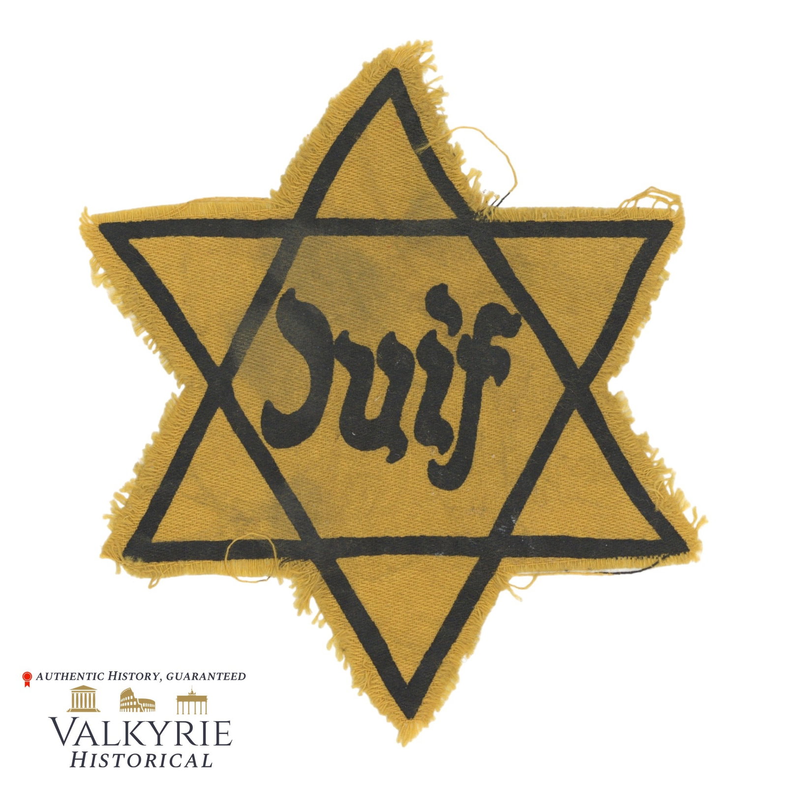 Ultra Rare Jewish Yellow Star of David in Used Condition In Its French Version "JUIF" Very Rare: Ultra Rare Jewish Yellow Star of David in Used Condition In Its French Version "JUIF". Star uses the legit black ink printed yelow fabric. The dimensions are also the legit ones. French version are am
