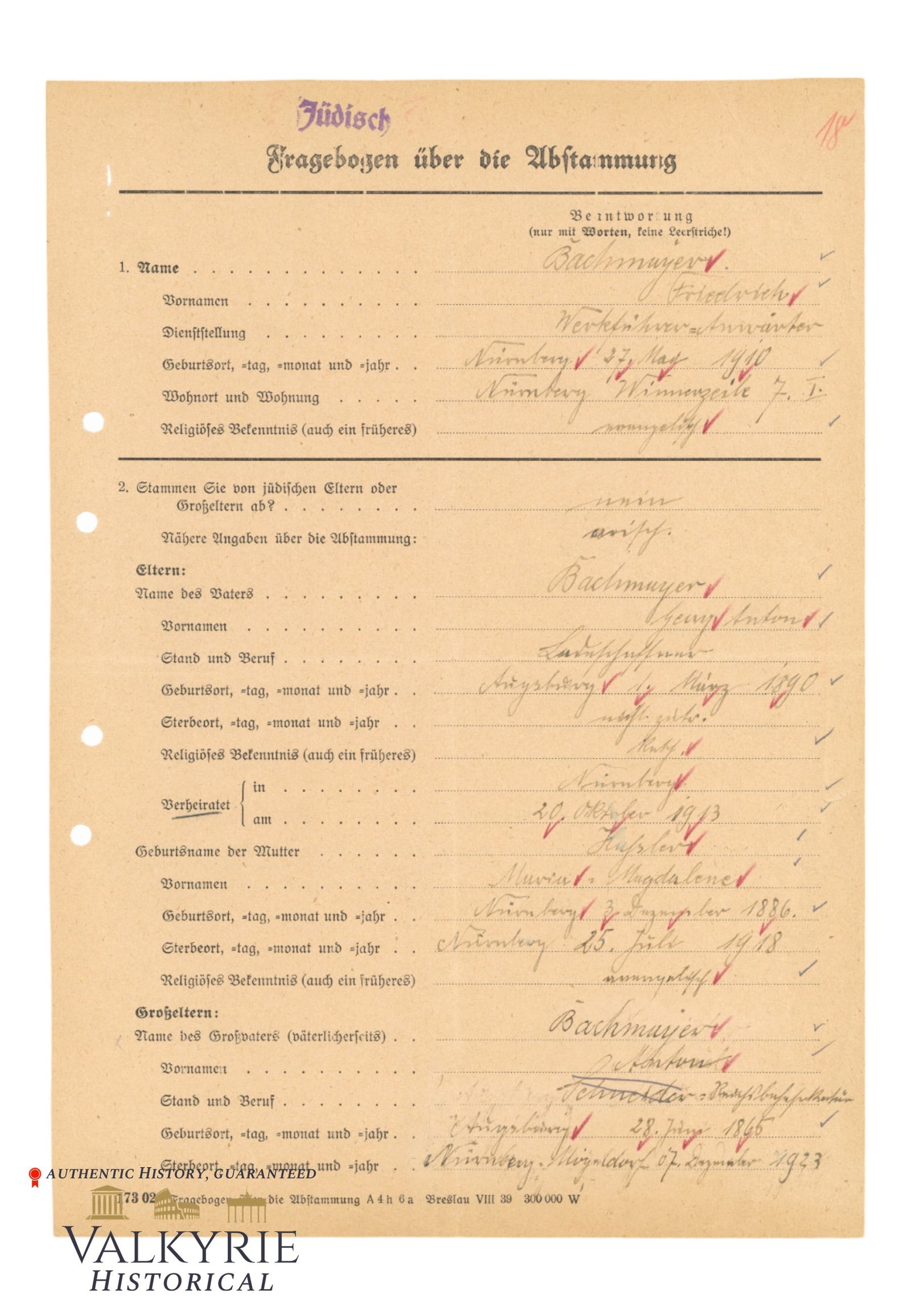 German Questionnaire to Determinate the Ancestors of a Citizen - Filled-in by a Jew: German Questionnaire to Determinate the Ancestors of a Citizen - Filled-in by a Jew. An ink stamp in red says "Jewish". All items for this auction will be shipping from Europe. Shipping cost $20 it do