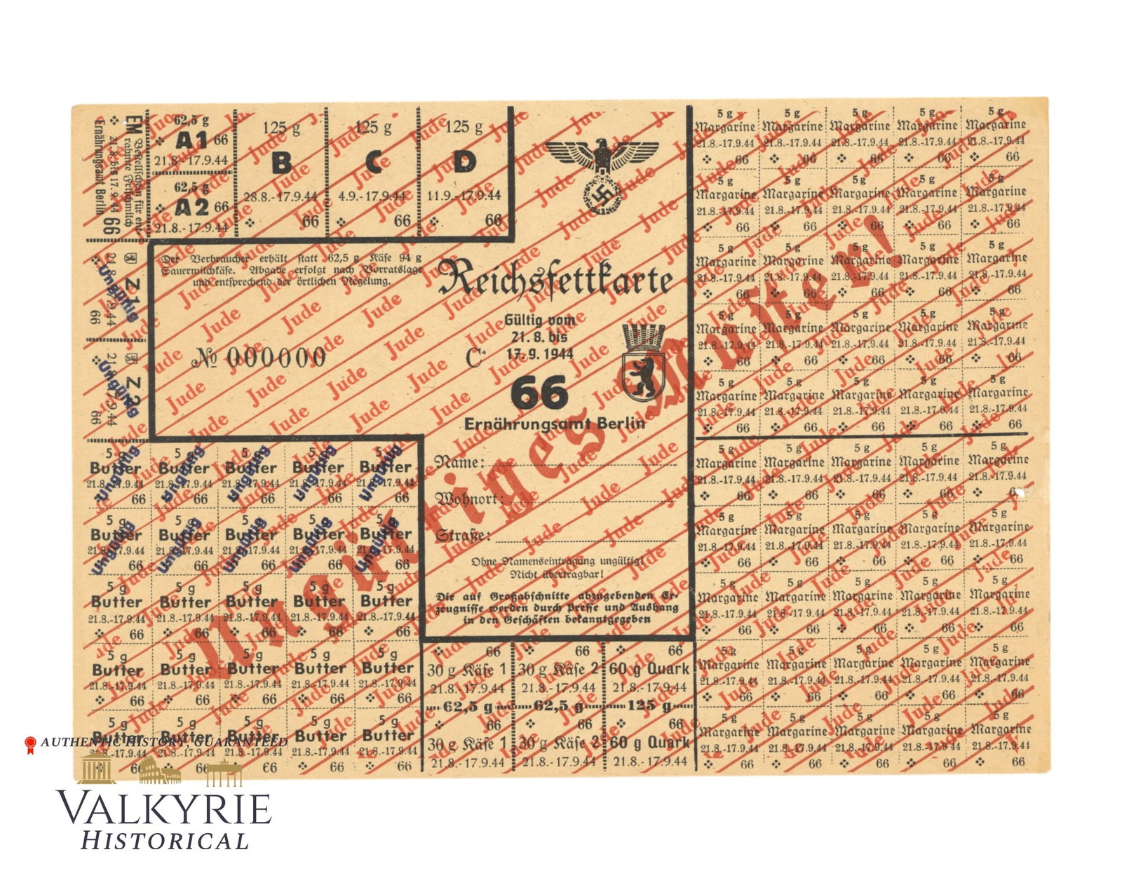 Jewish Invalid Complete Sheet of Rationing Cards For Fat For Jews Issued by the City of Berlin 1944: Invalid Complete Sheet of Rationing Cards For Fat For Jews Issued by the City of Berlin 1944. Size: 22x15cm All items for this auction will be shipping from Europe. Shipping cost $20 it doesn't matter