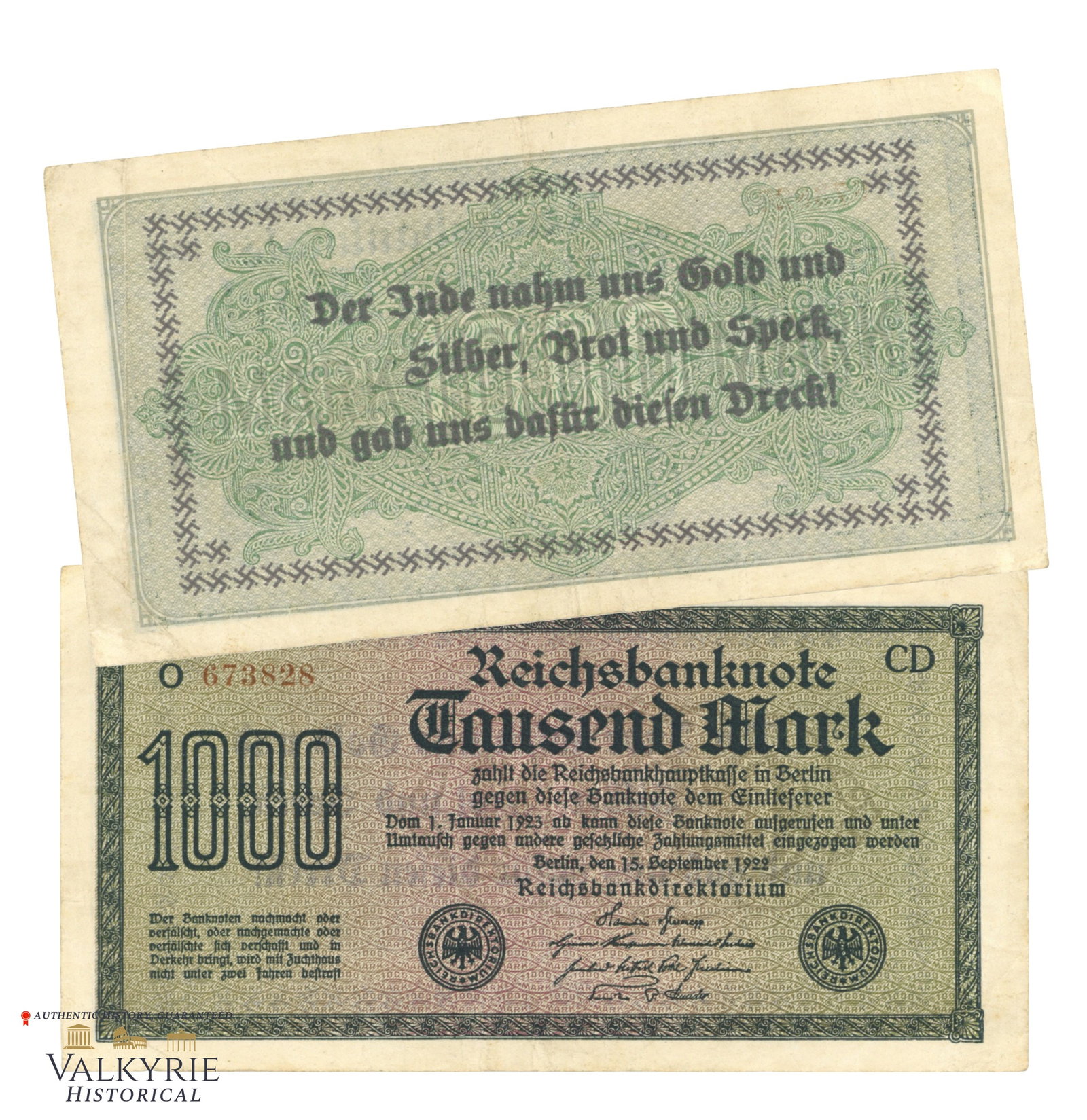 Original German 1000 RM Banknote With Nazi Anti-Semitic Message on Reverse "The Jewish took gold ...: Original German 1000 RM Banknote With Nazi Anti-Semitic Message on Reverse " The Jewish took gold and silver, bread and bacon, and gave us this rubbish in return! ". All items for this auction will be