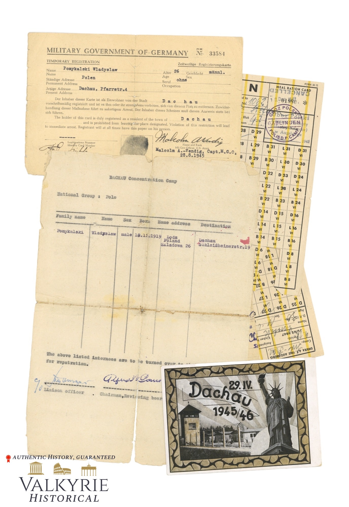 Set of Papers of a Former Polish Inmate of KL Dachau - Immediate Post-Liberation: Set of Papers of a Former Polish Inmate of KL Dachau - Immediate Post-Liberation. We can find 2 rationing cards of 1947, a commemorative card of the liberation of KL Dachau in the first anniversary in