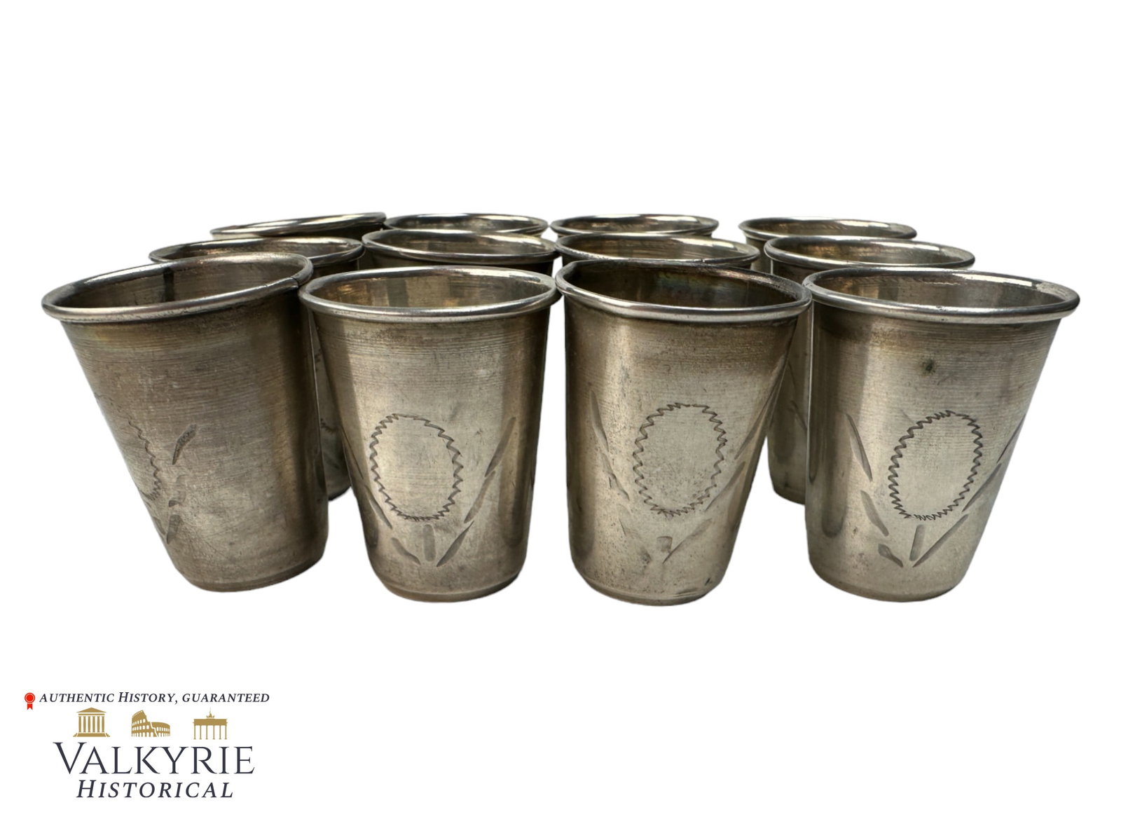 Set of 12 Old Silver Cups for Jewish Celebration of the Hannukah From Ukraine - End of XIX Century: Set of 12 Old Silver Cups for the Jewish Celebration of the Hannukah From Ukraine - End of XIX Century. Engraved with motifs. Maker marked on the bottom. All items for this auction will be shipping fr