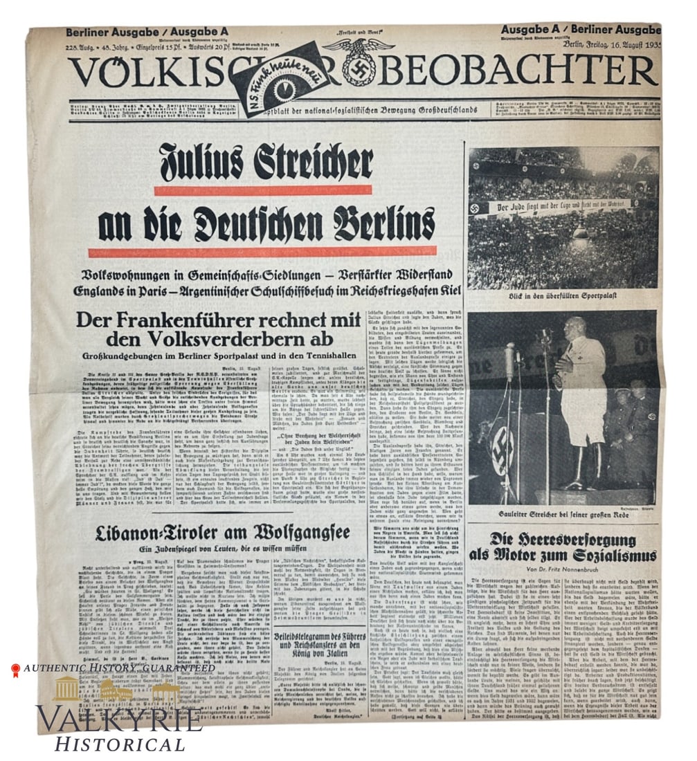 Streicher - Number of the Official Organ of the NSDAP "Volkischer Beobachter" - Year 1935: Number of the Official Organ of the NSDAP "Volkischer Beobachter" - Year 1935 - Nr. 328. Title "Julius Streicher speaks to the Germans in Berlin". All items for this auction will be shipping from Euro