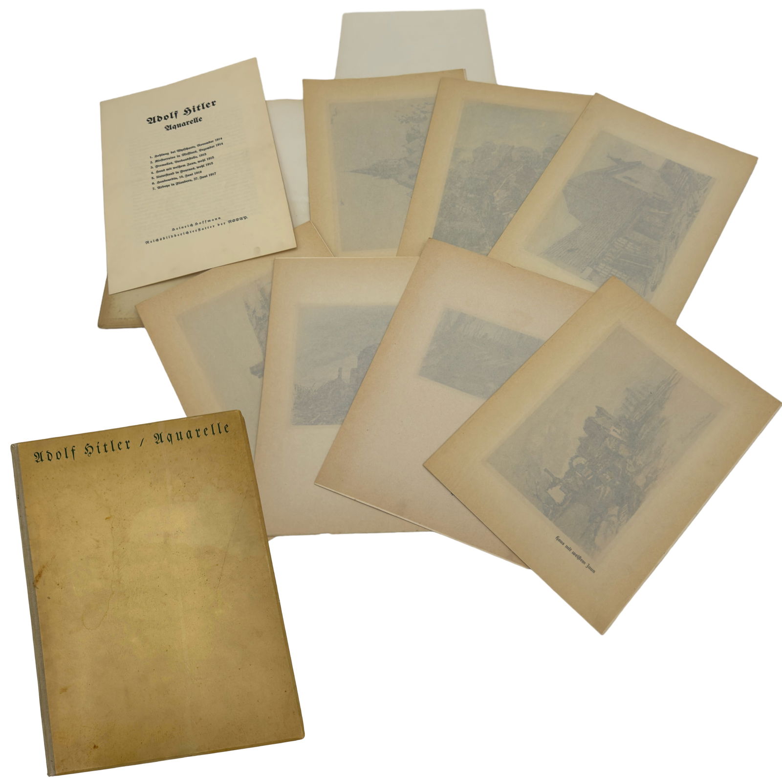 Adolf Hitler Heinrich Hoffmann Aquarelle Portfolio: Adolf Hitler Heinrich Hoffmann Aquarelle Portfolio. Original presentation folder containing color lithographs of seven of Hitler's most famous watercolors, all executed between 1914-17. The portfolio