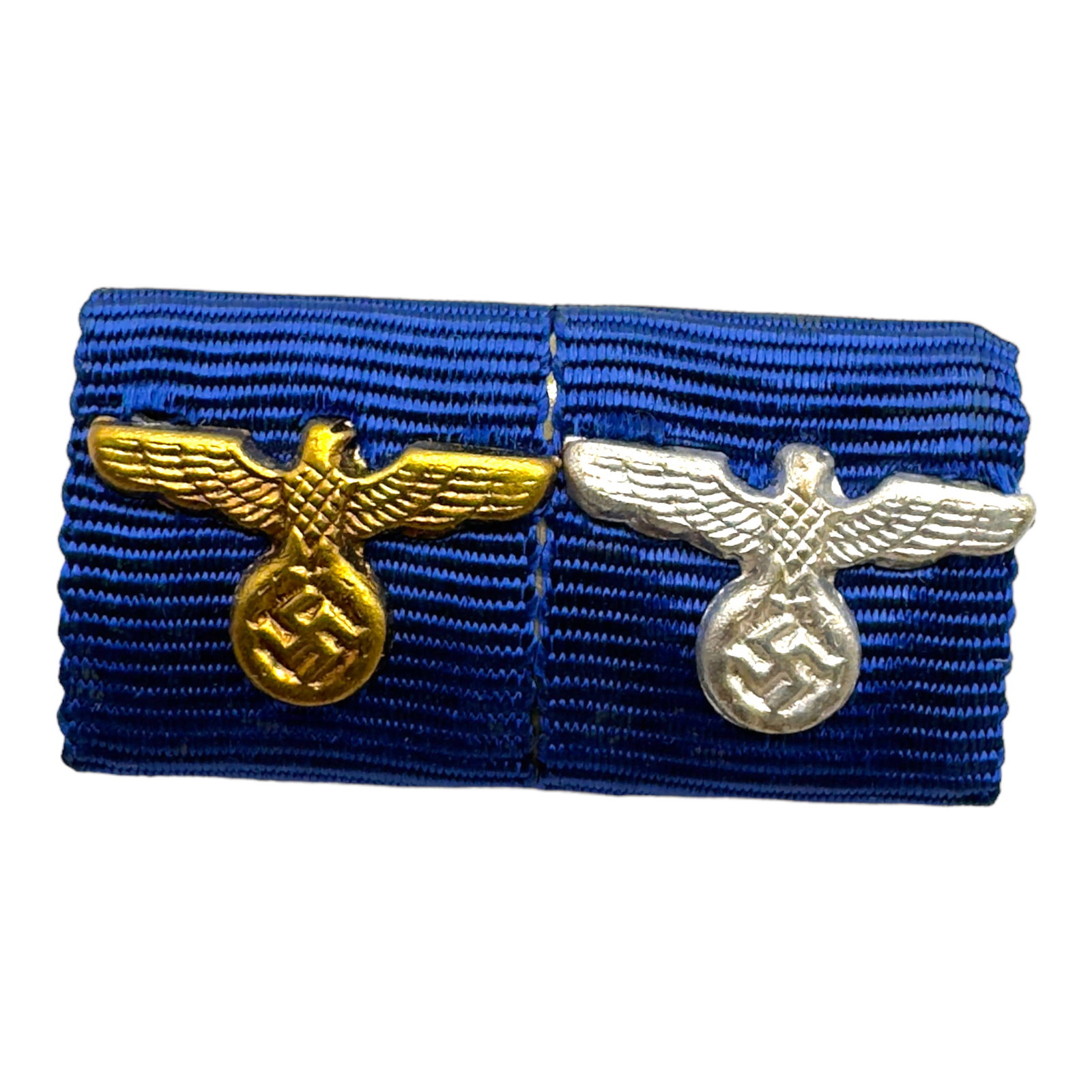 German WWII 2 Place Ribbon Bar: The Wehrmacht 12 year long service medal with gold eagle cipher, and The Wehrmacht 4 year long service medal with silver eagle cipher. . Complete with original pinback.