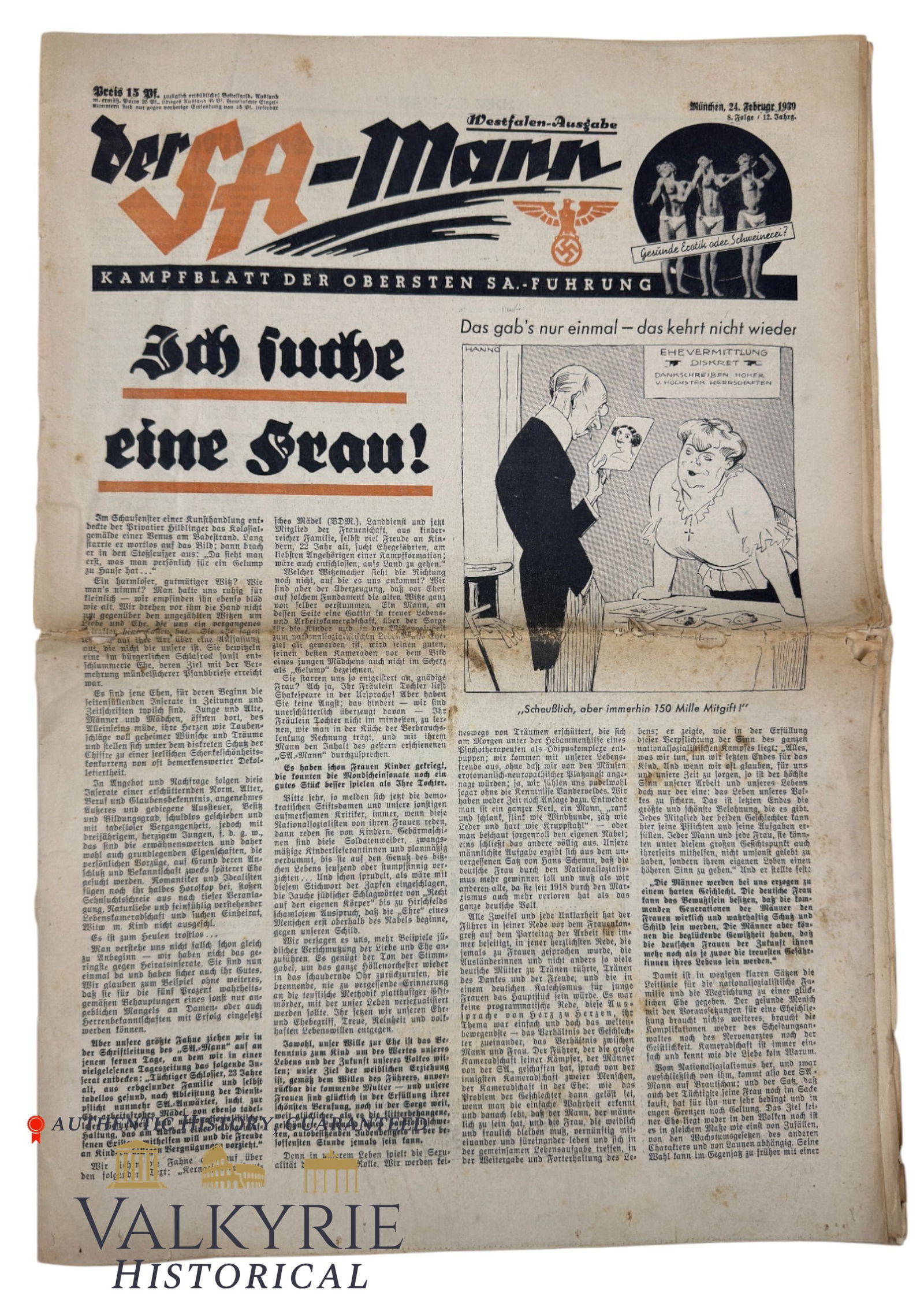 Number 6 of the Official Organ of the Nazi SA Stormtroopers "Der SA Mann" 1939: Number 6 of the Official Organ of the Nazi SA Stormtroopers "Der SA Mann" 1939. Entitled "I am looking for a woman!". All items for this auction will be shipping from Europe. Shipping cost $20 it does