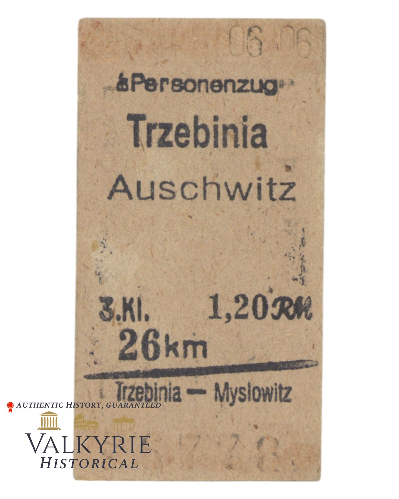 III Reich Period Train Ticket to Travel From Trzebinia to Auschwitz 40s: III Reich Period Train Ticket to Travel From Trzebinia to Auschwitz 40s.All items for this auction will be shipping from Europe. Shipping cost $20 it doesn't matter how many items you win.