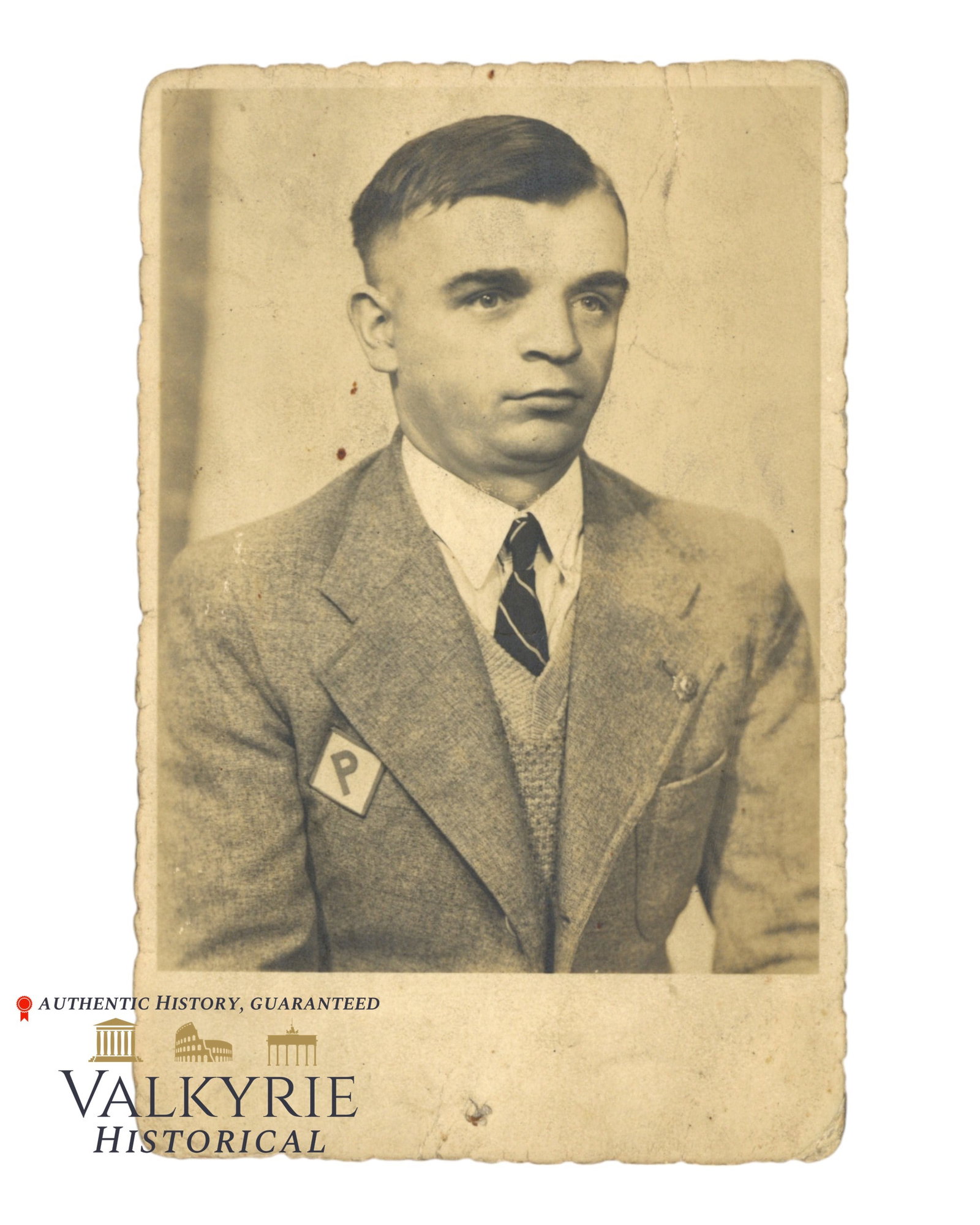 Postcard Size Photo of a Polish Slave Laborer Wearing the Cloth Patch With "P" For Polish Workers: Postcard Size Photo of a Polish Slave Laborer Wearing the Cloth Patch With "P" For Polish Workers. All items for this auction will be shipping from Europe. Shipping cost $20 it doesn't matter how many