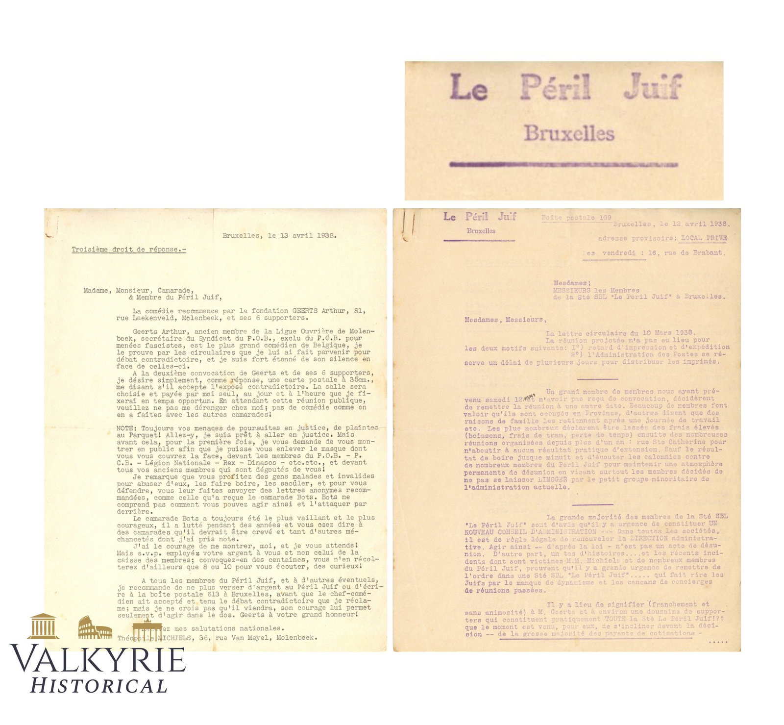 Newsletter Sent by the Belgian Anti-Semitic Association "The Jewish Danger" Direction in 1938: Newsletter Sent by the Belgian Anti-Semitic Association "The Jewish Danger" (Le Peril Juif) Direction to all the members of the association in 1938. The headquarters of this tabloid were located in Br