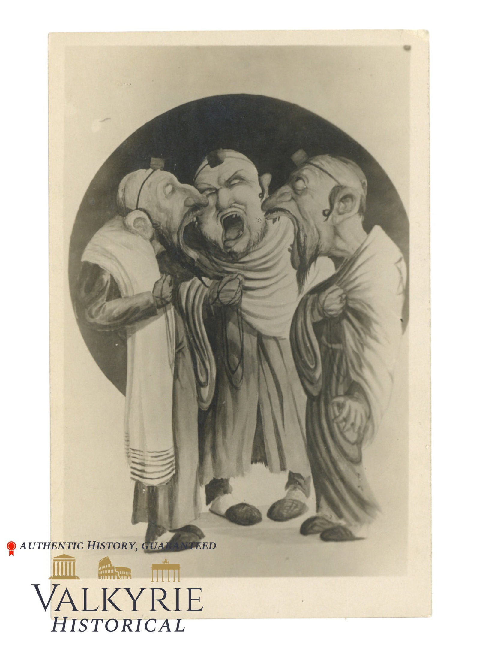 Anti-Semitic Postcard Representing 3 Caricatures of Jews During Ceremony With Tallit and Phylactery: Anti-Semitic Postcard Representing 3 Caricatures of Jews During Ceremony With Tallit and Phylactery. 1910. Non-circulated. All items for this auction will be shipping from Europe. Shipping cost $20 it