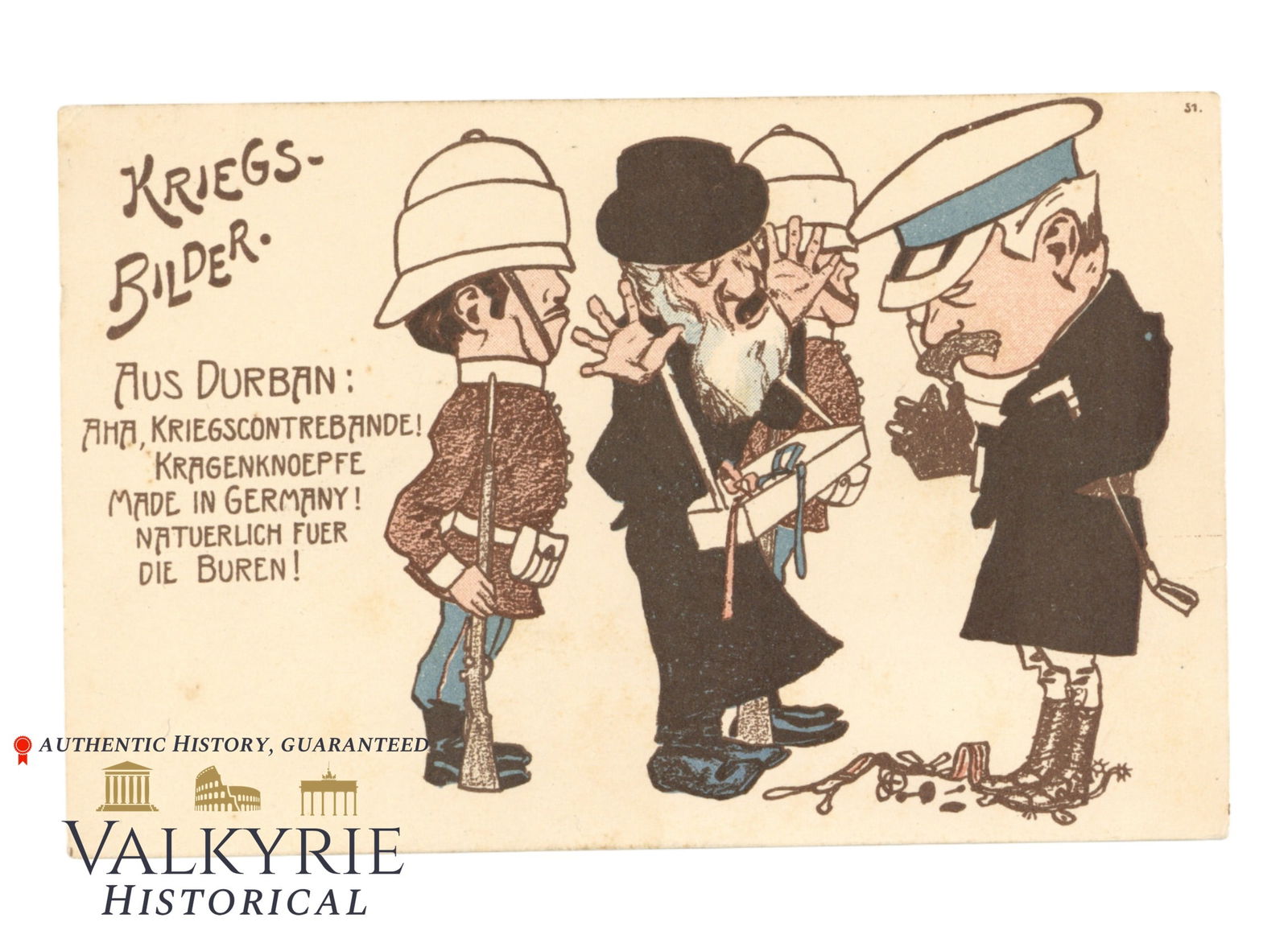 German Anti-Semitic Postcard "War Pictures. War Contraband in Durban by a Jew" - Early 1900s: German Anti-Semitic Postcard "War Pictures. War Contraband in Durban by a Jew" - Early 1900s. Non-circulated. All items for this auction will be shipping from Europe. Shipping cost $20 it doesn't matt