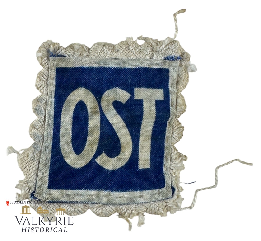 Cloth Patch "OST" For the Identification of Eastern Slave Labourers Under German Rule: Cloth Patch "OST" For the Identification of Eastern Slave Labourers Under German Rule. Worn condition. Stitched to a piece of pullover or jacket. All items for this auction will be shipping from Europ