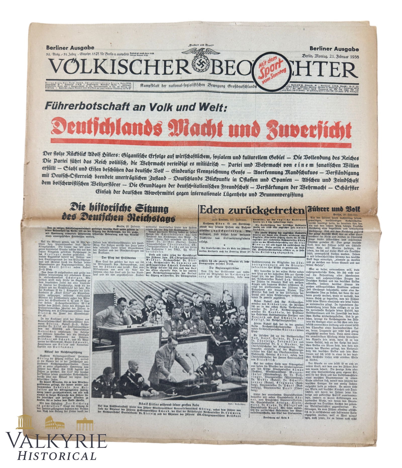 Number of the Nazi Party Official Organ "Volkischer Beobachter Zeitung" - Nr. 52 - 1938: Number of the Nazi Party Official Organ "Volkischer Beobachter Zeitung" - Nr. 52 - 1938. All items for this auction will be shipping from Europe. Shipping cost $20 it doesn't matter how many items you
