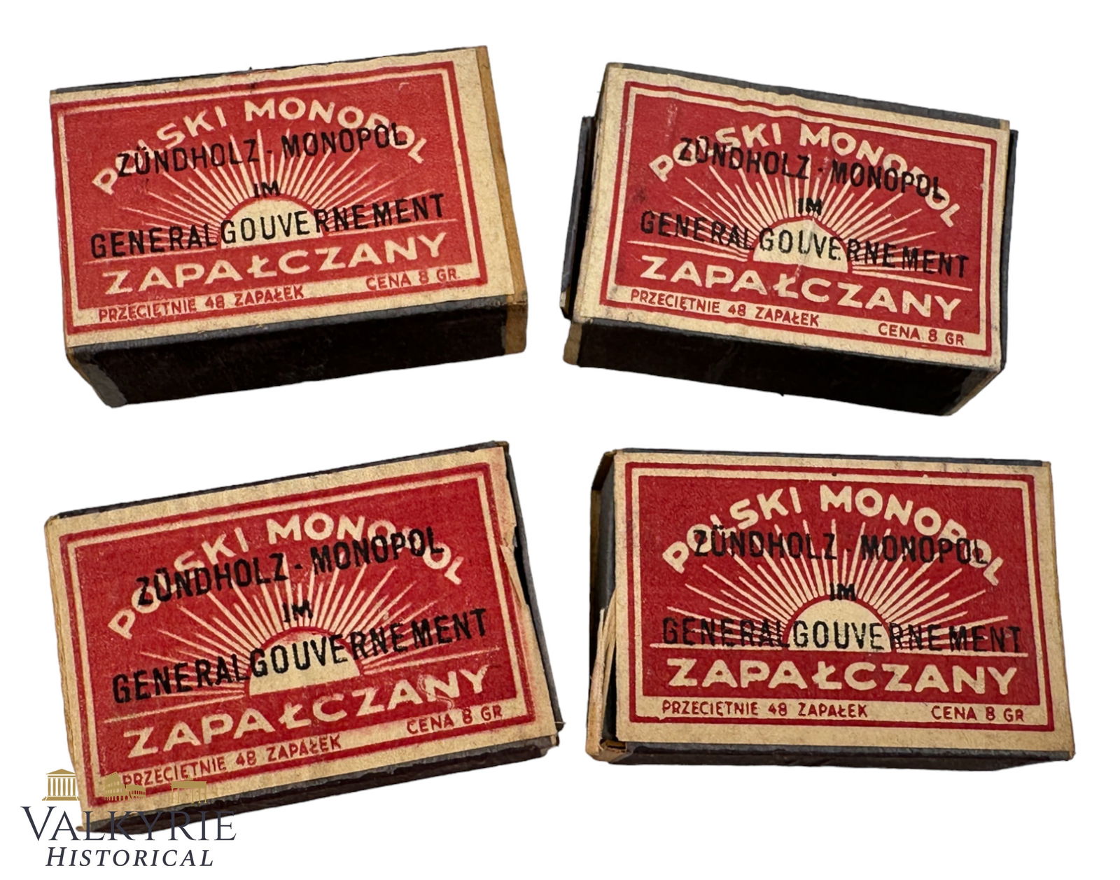4 Matchboxes Manufactured in Poland But With Stamp of German Generalgouvernement Matches Monopoly: Set of 4 Matchboxes Manufactured in Poland But With Stamp of German Generalgouvernement Matches Monopoly. This was stamped on boxes after German occupation of Poland and after Polish institutions were