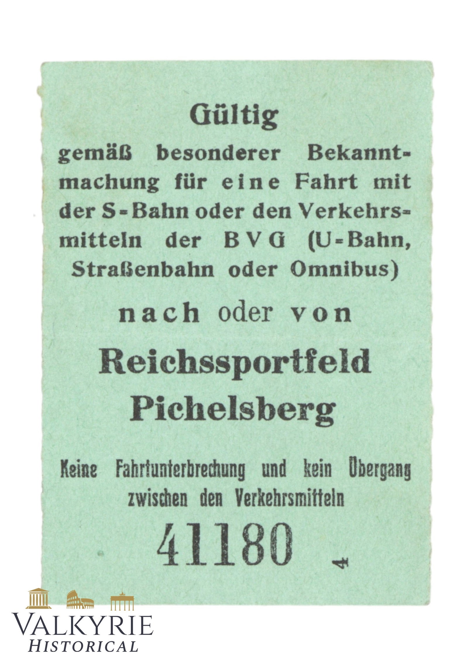 Special Subway - Tram - Bus Ticket to Be Used During Berlin 1936 Olympics: Special Subway - Tram - Bus Ticket to Be Used During Berlin 1936 Olympics. Only to travel to or from Reichs Sports Field Pichelsberg. All items for this auction will be shipping from Europe. Shipping 