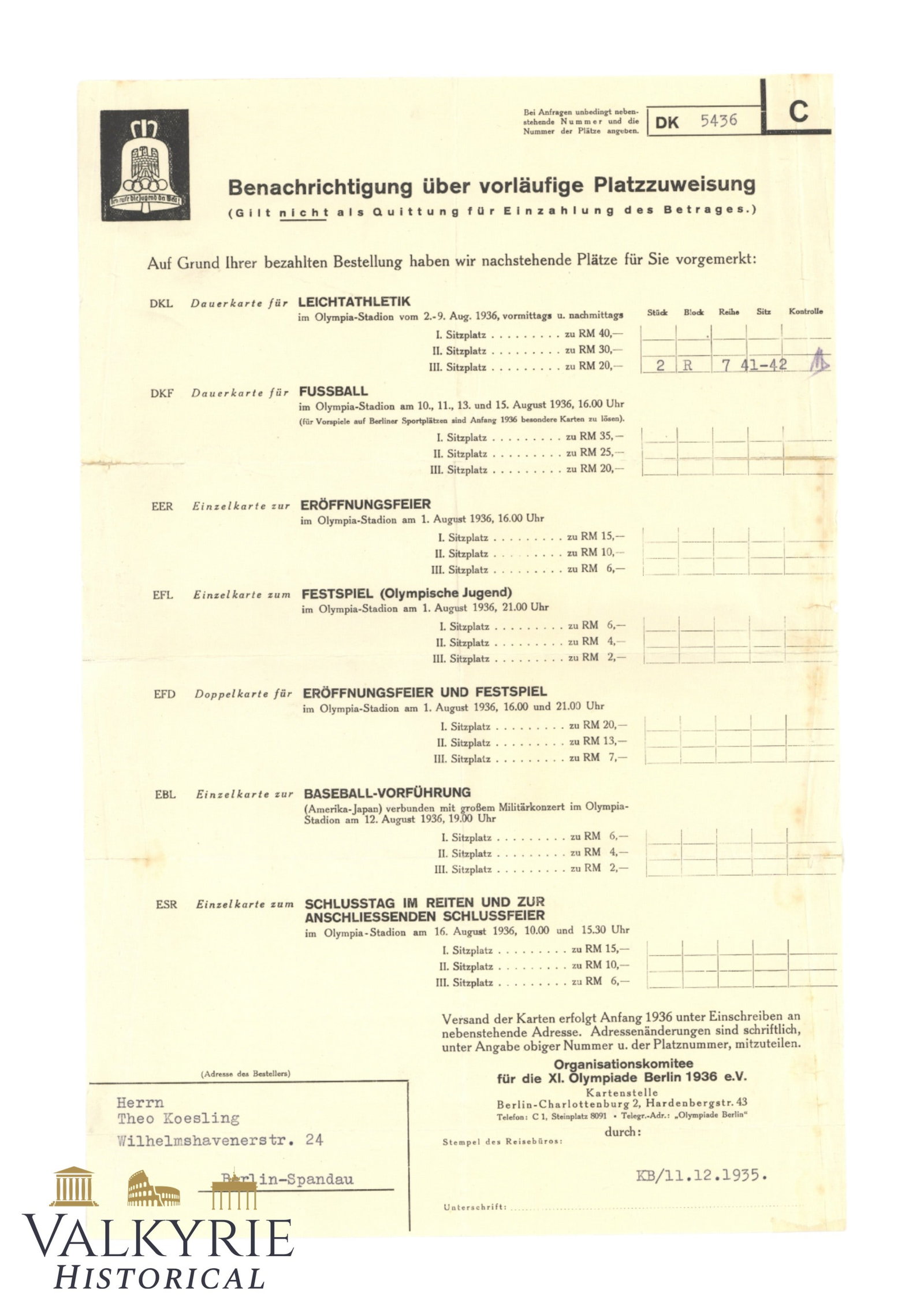 1936 Berlin Olympic Games Information Leaflet About Provisional Space Allocation for Spectators: 1936 Berlin Olympic Games Information Leaflet About Provisional Space Allocation for Spectators. Depending on price, the place they could access was different in the different stadiums and sports plac