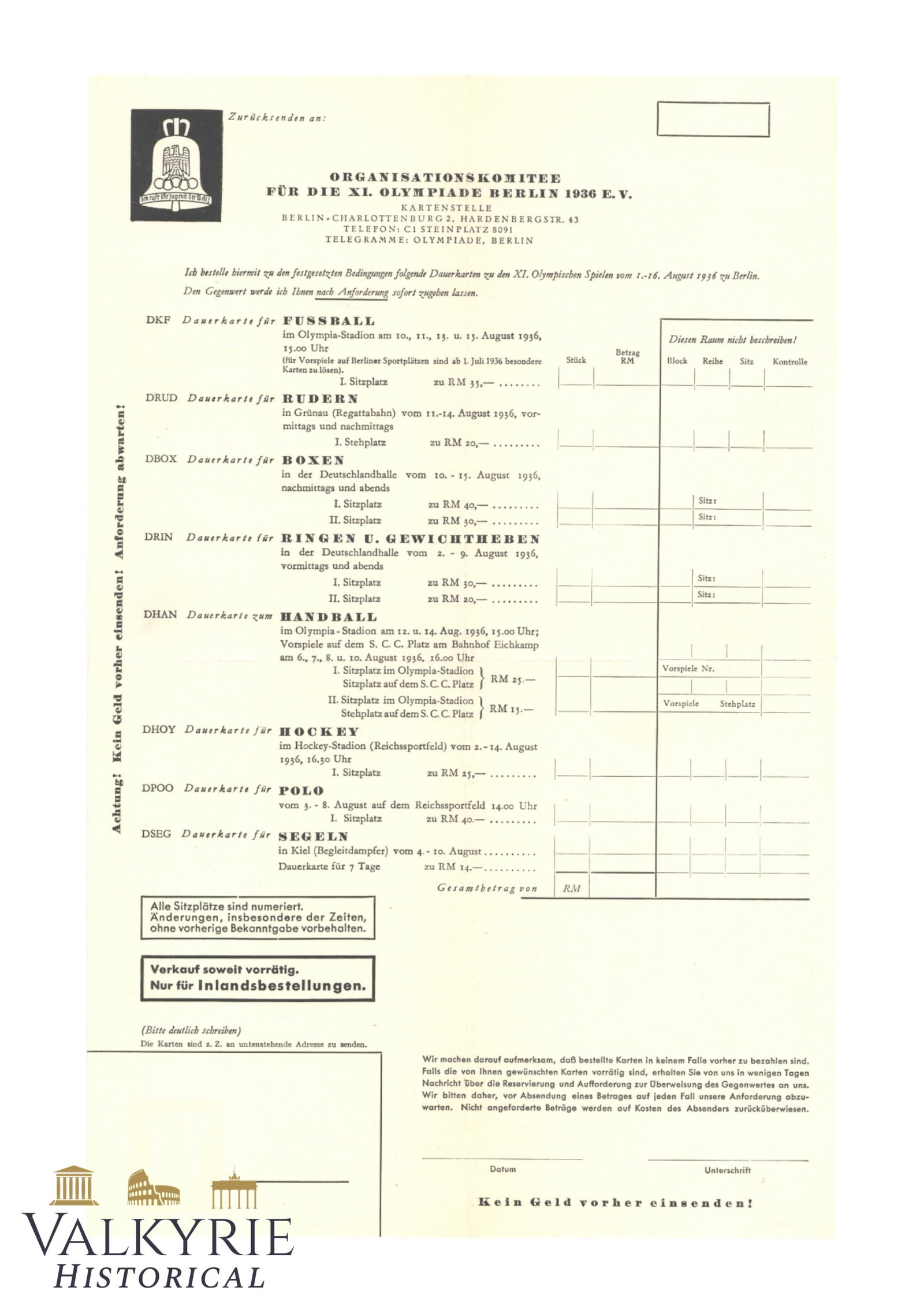 Ticket Ordering Form For Some Sports During 1936 Olympic Games in Berlin - Unused: Ticket Ordering Form For Some Sports During 1936 Olympic Games in Berlin - Unused. Boxing, Sailing, Football, Handball, etc. Official ordering form by Organization Committee. All items for this auctio