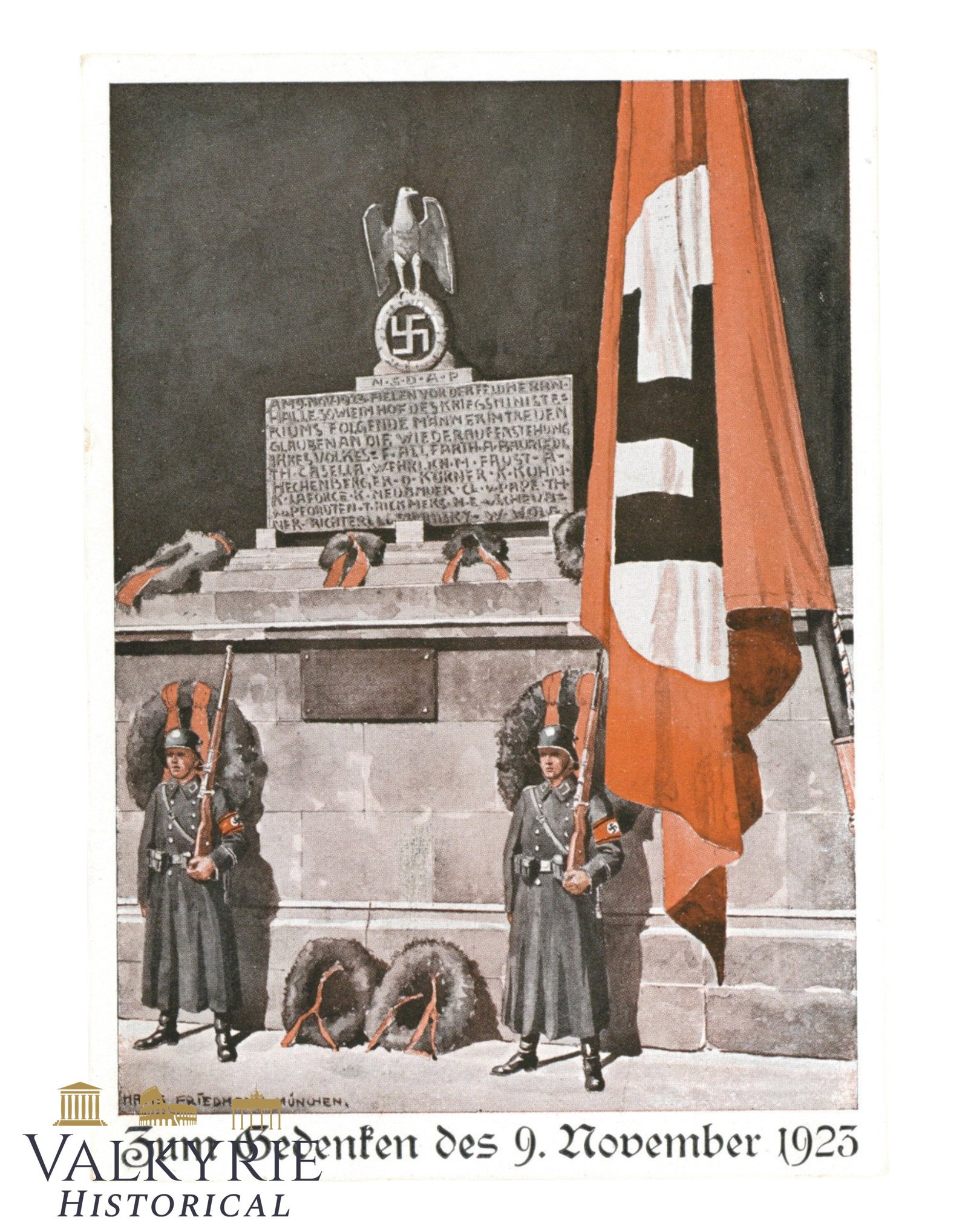 Nazi Commemorative Postcard of the Putsch of Munich After 14 Years "9.11.1923-1937": Nazi Commemorative Postcard of the Putsch of Munich After 14 Years "9.11.1923-1937". Non-circulated. With nice artwork showing the memorial in the Feldherrnhalle for the martyrs of the Putsch. With ni