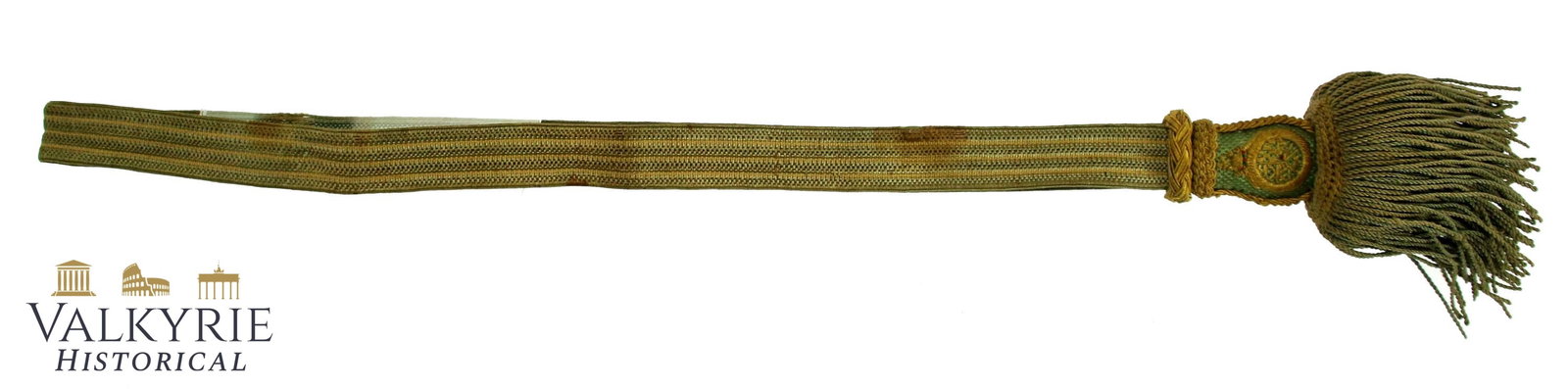 Sling For The Sabre Of An Official Of The Austrian Customs Service Until World War I.: Sling for the sabre of an official of the Austrian customs service until World War I. Cotton loop in green with yellow stripes. There is an embroidered emblem on the cast on both sides. The length of 