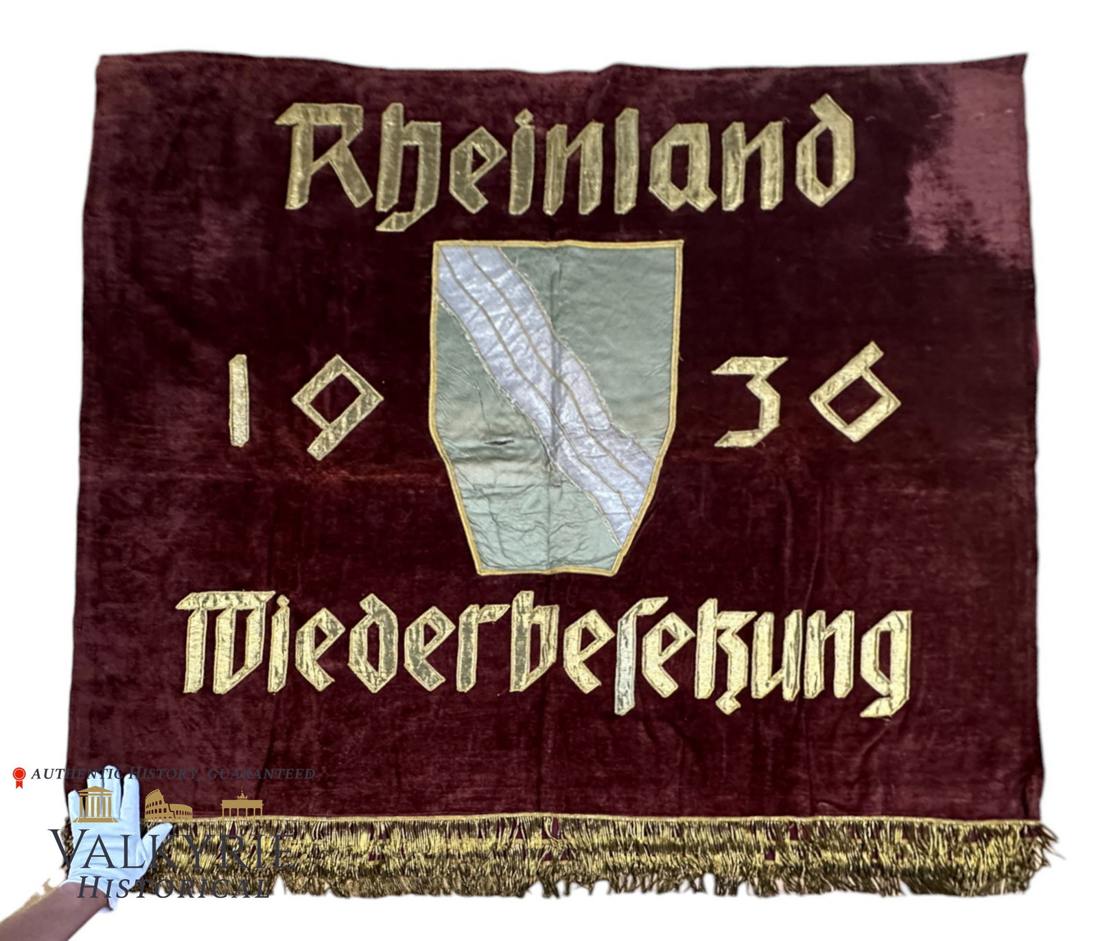 Rare Huge III Reich Period Banner From Lübeck With the Legend "Rheinland Reocupation 1936": Rare Huge III Reich Period Banner From Lübeck With the Legend "Rheinland Reocupation 1936". Banner is beautifully manufactured using velvet and silver and gold colour embroidery. It's in excellen