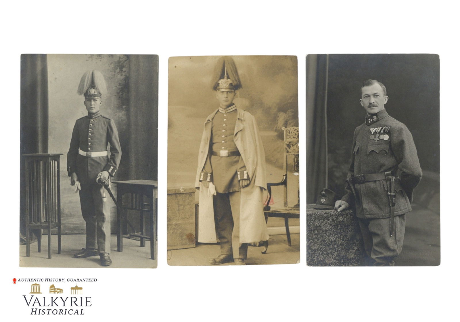 Set of 3 Postcard Size Portrait Photos of WW1 Period German Soldiers: Set of 3 Postcard Size Portrait Photos of WW1 Period German Soldiers. 2 are described on the reverse. All items for this auction will be shipping from Europe. Shipping cost $20 it doesn't matter how m
