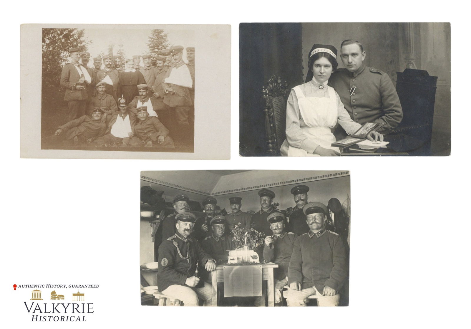 Set of 3 Postcard Size Group Photos of WW1 Period German Soldiers - One With Nurse Fiancee: Set of 3 Postcard Size Group Photos of WW1 Period German Soldiers - One With Nurse Fiancee. 2 are circulated. All items for this auction will be shipping from Europe. Shipping cost $20 it doesn't matt