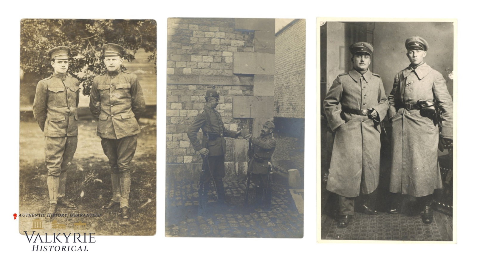 Set of 3 Postcard Size Photos of WW1 Period of Couples of German Soldiers Posing: Set of 3 Postcard Size Photos of WW1 Period of Couples of German Soldiers Posing. One is circulated and another one described. All items for this auction will be shipping from Europe. Shipping cost $2