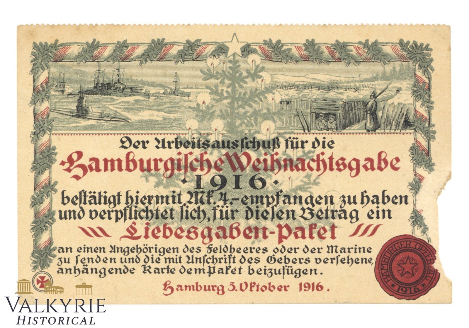Certificate Issued to a Donor That Paid for the Hamburg Christmas Gift in 1916 During WW1: Certificate Issued to a Donor That Paid for the Hamburg Christmas Gift in 1916 During WW1. These Christmas gifts were to be sent to front soldiers and paid by annonimous citizens. Organised by the Wor
