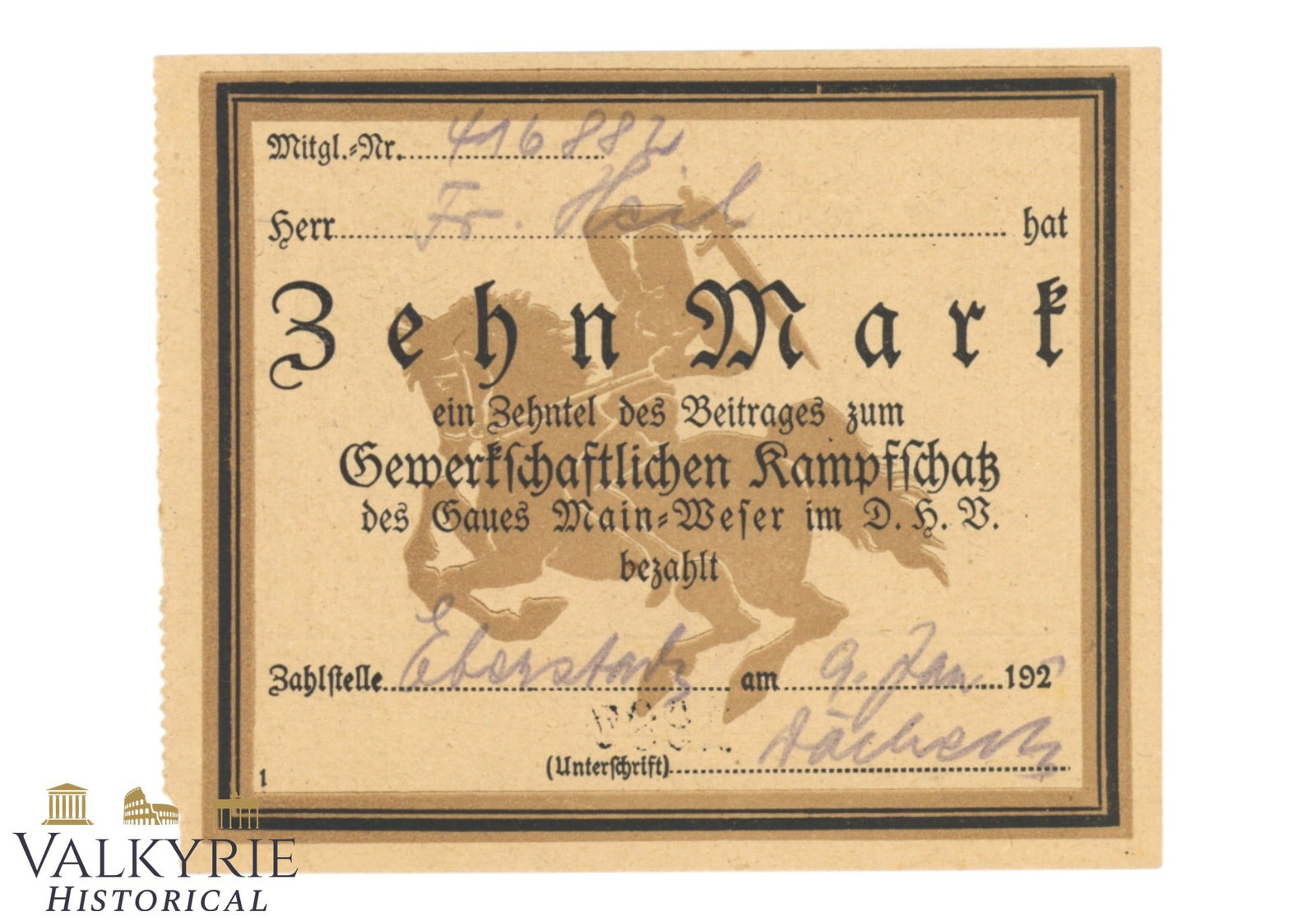 Collaboration Donation Certificate For Patriotic Association in Gau Main-Weser 1920s: Collaboration Donation Certificate For Patriotic Association in Gau Main-Weser. 1920s. Size: 9x7,5cm All items for this auction will be shipping from Europe. Shipping cost $20 it doesn't matter how ma