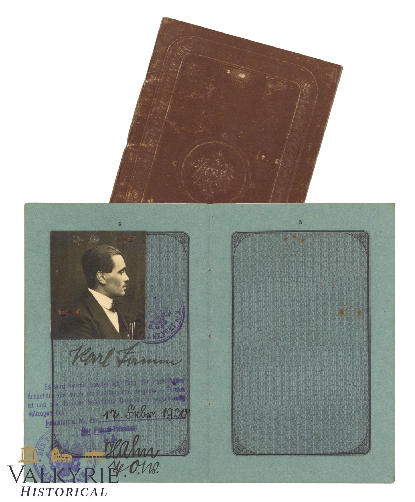 German Passport Issued in 1920 in Frankfurt a, Main to a Citizen of Prussia: German Passport Issued in 1920 in Frankfurt a, Main to a Citizen of Prussia. With some entries and photo of the owner. All items for this auction will be shipping from Europe. Shipping cost $20 it doe