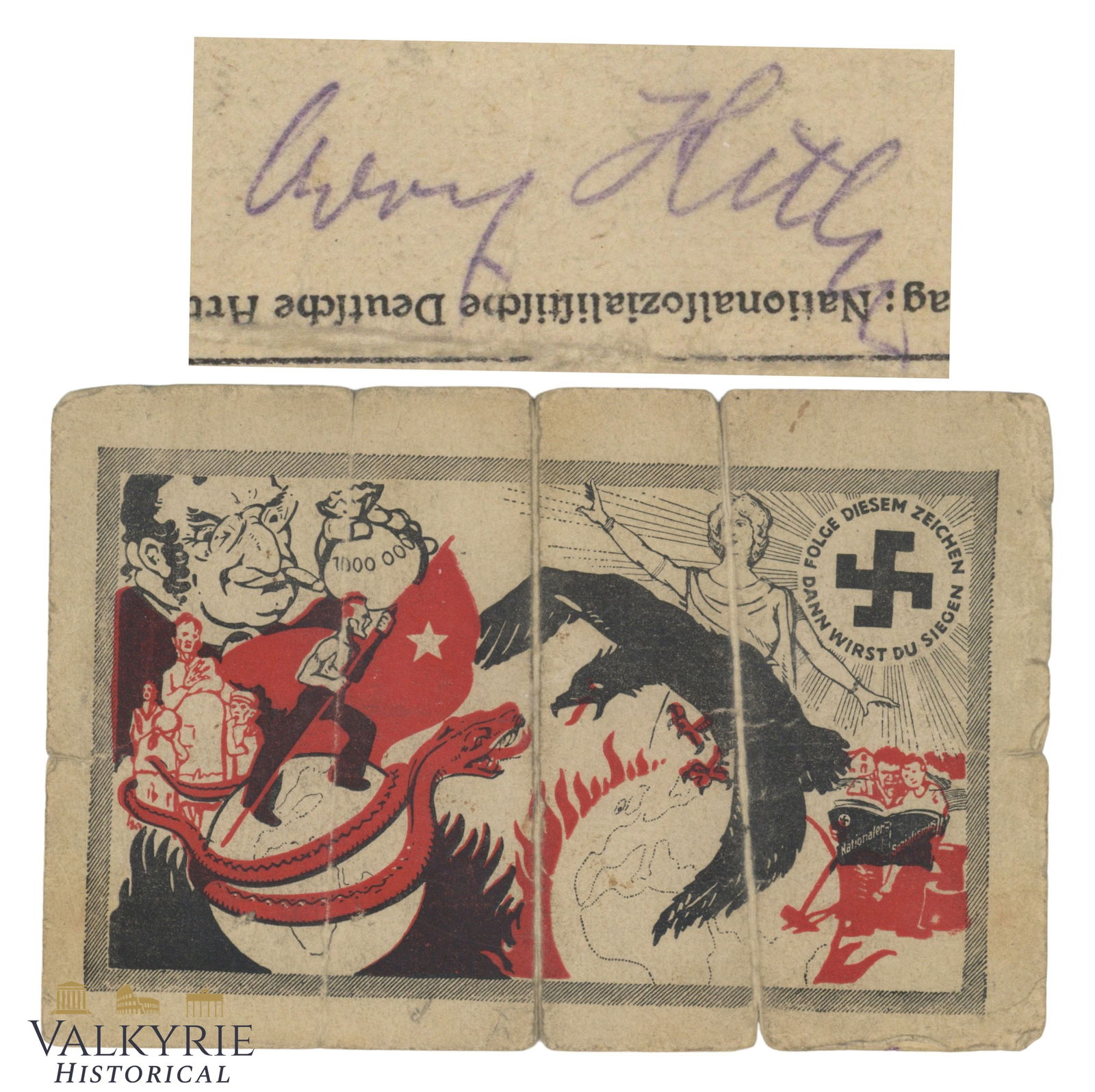 Ultra Rare German Anti-Semitic Postcard Hand Signed by Adolf Hitler Himself! Early 1920s With COA!: Ultra Rare German Anti-Semitic Postcard Hand Signed by Adolf Hitler Himself! Early 1920s Postcard is bent but complete, and it has a slogan that says "Follow this sign and then you will prevail". It r
